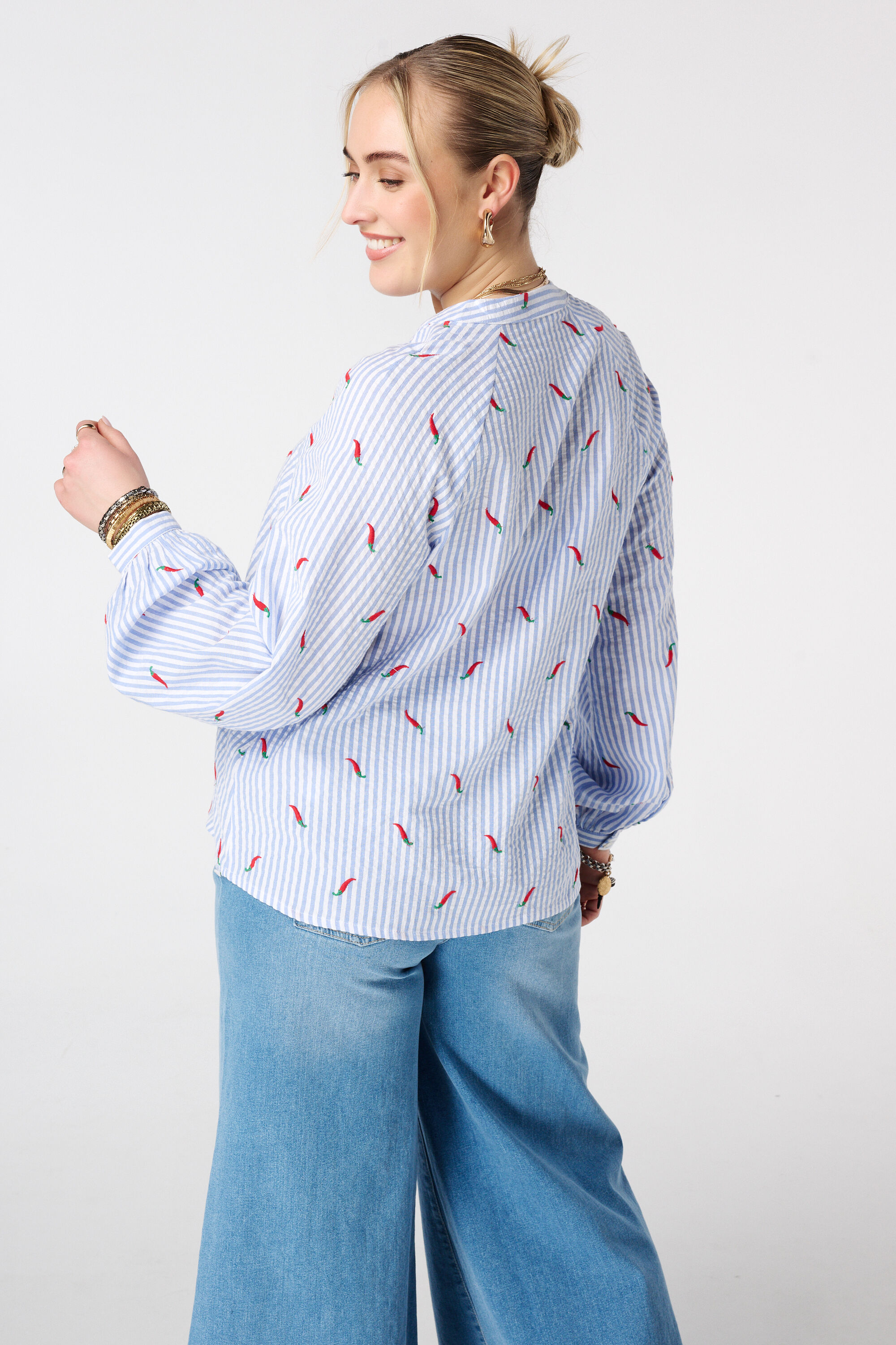 Gestreepte blouse met print image number 3