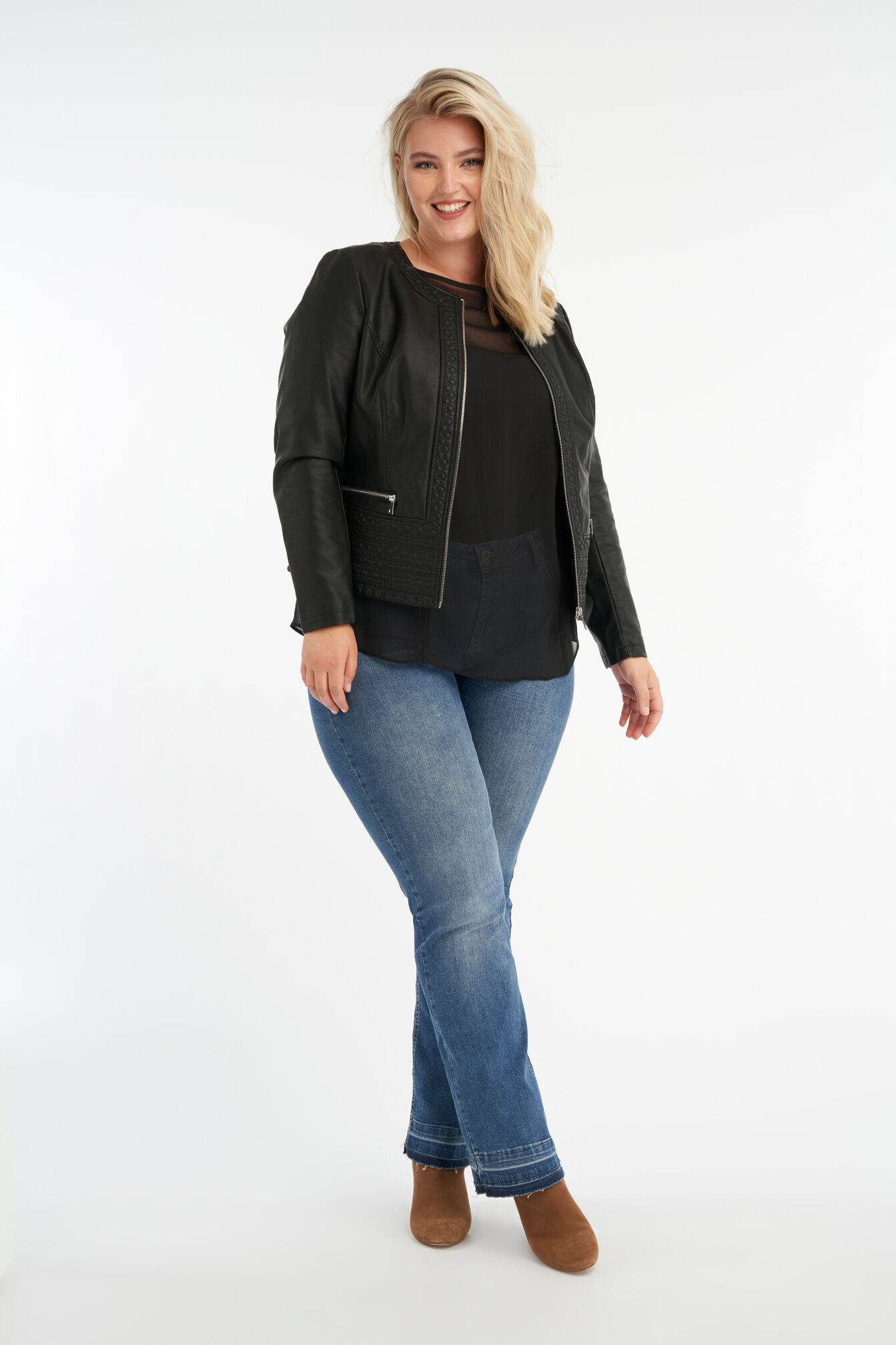 Imitatieleren bikerjack met ronde hals image number 5