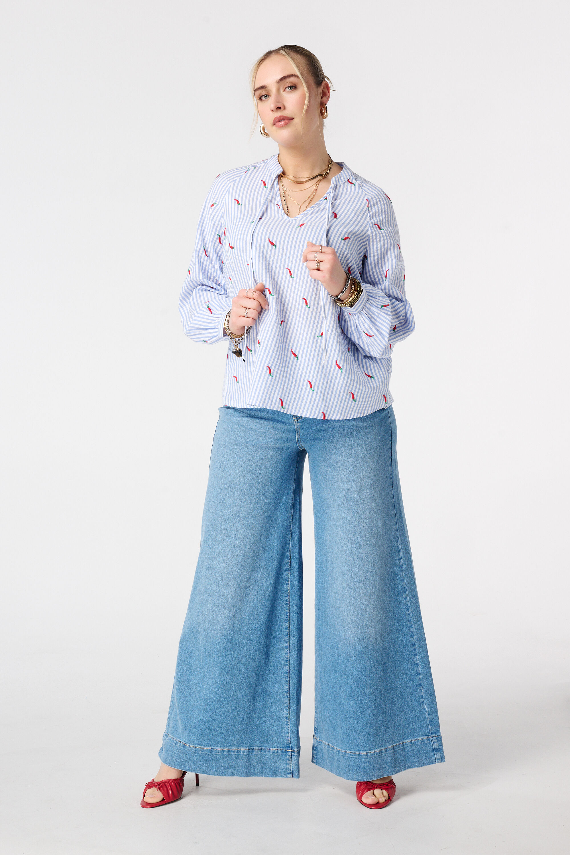 Gestreepte blouse met print image number 5