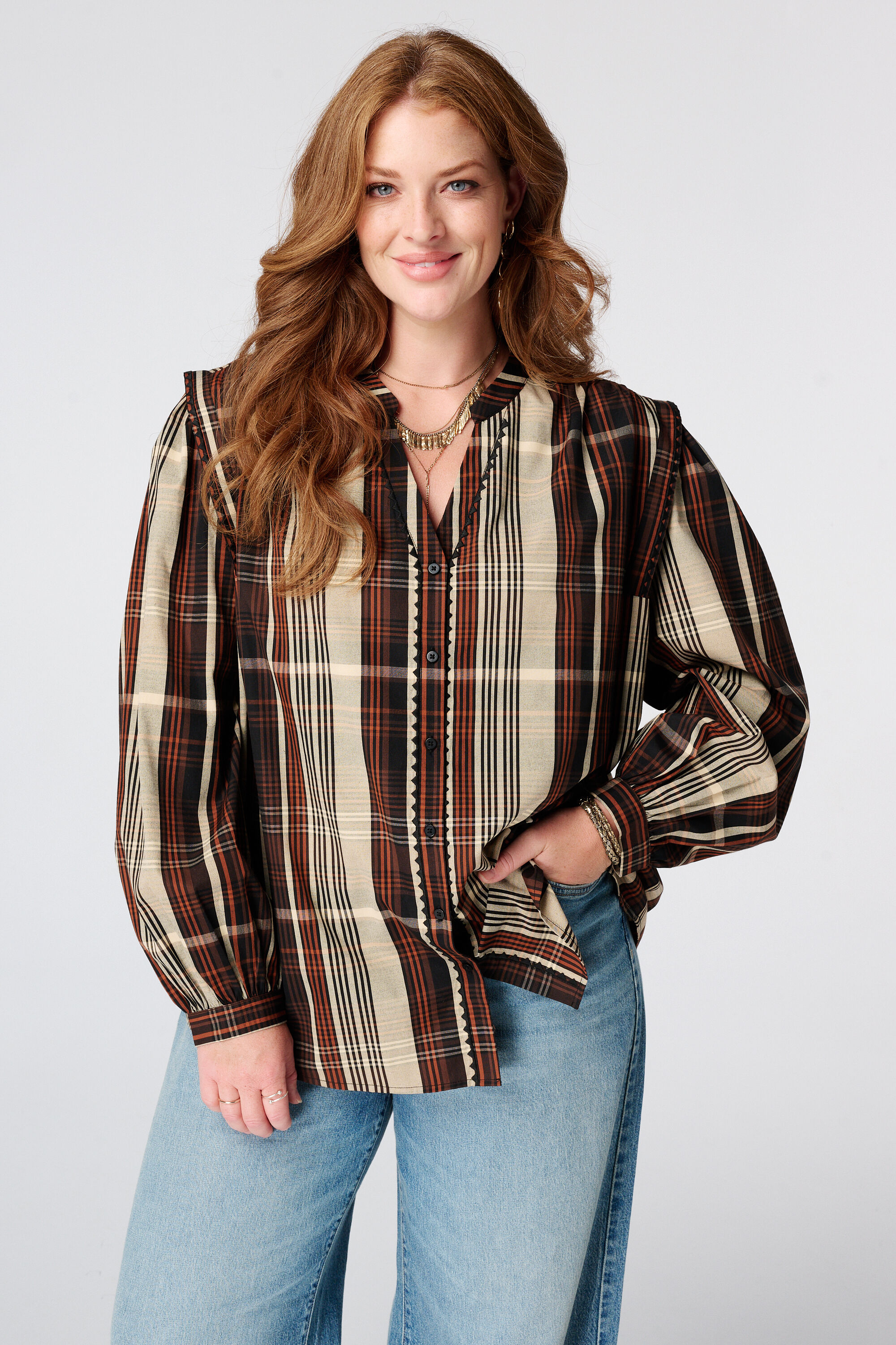 Geruite blouse met volant mouwen