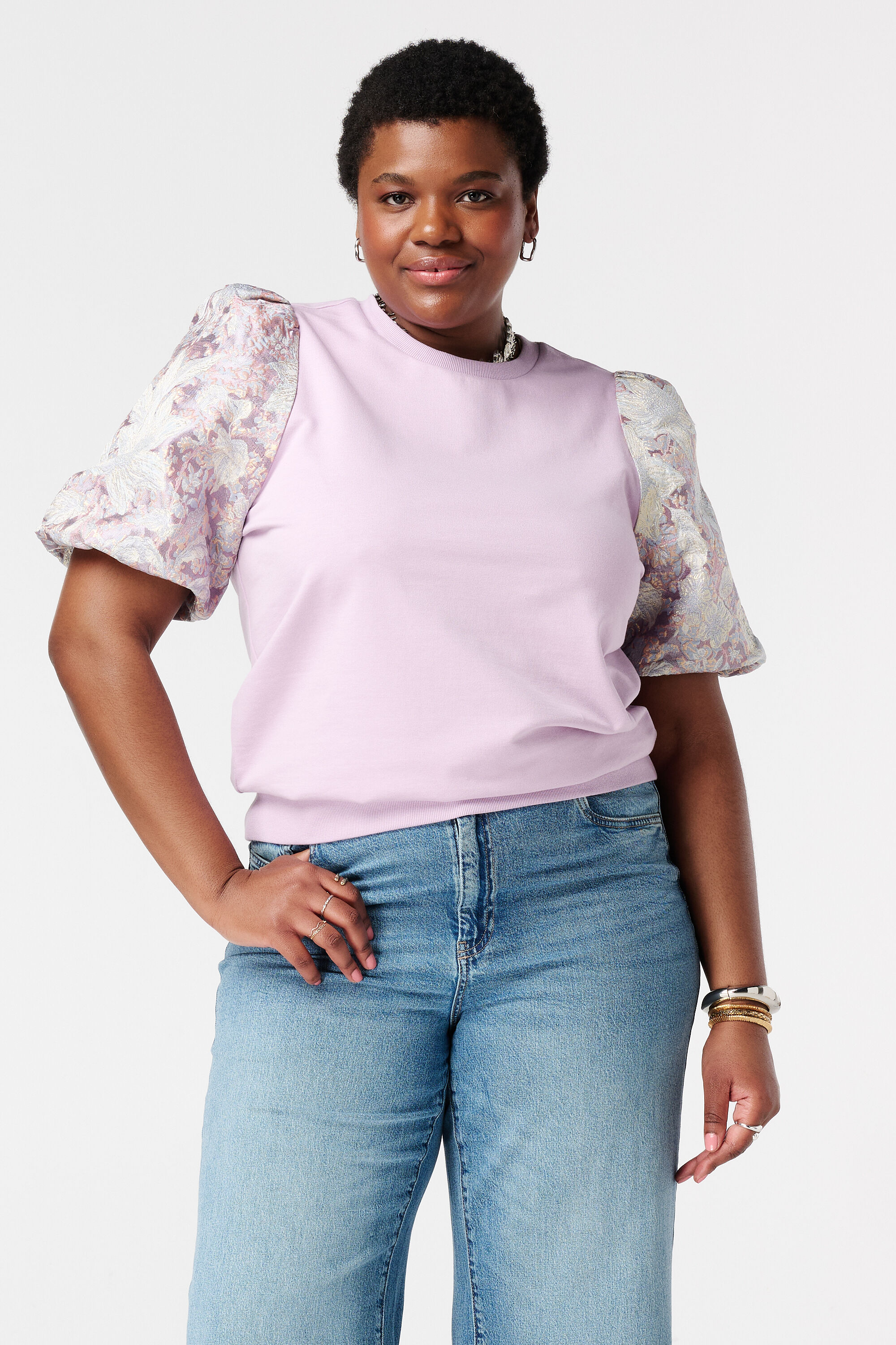 Top met jacquard mouwen