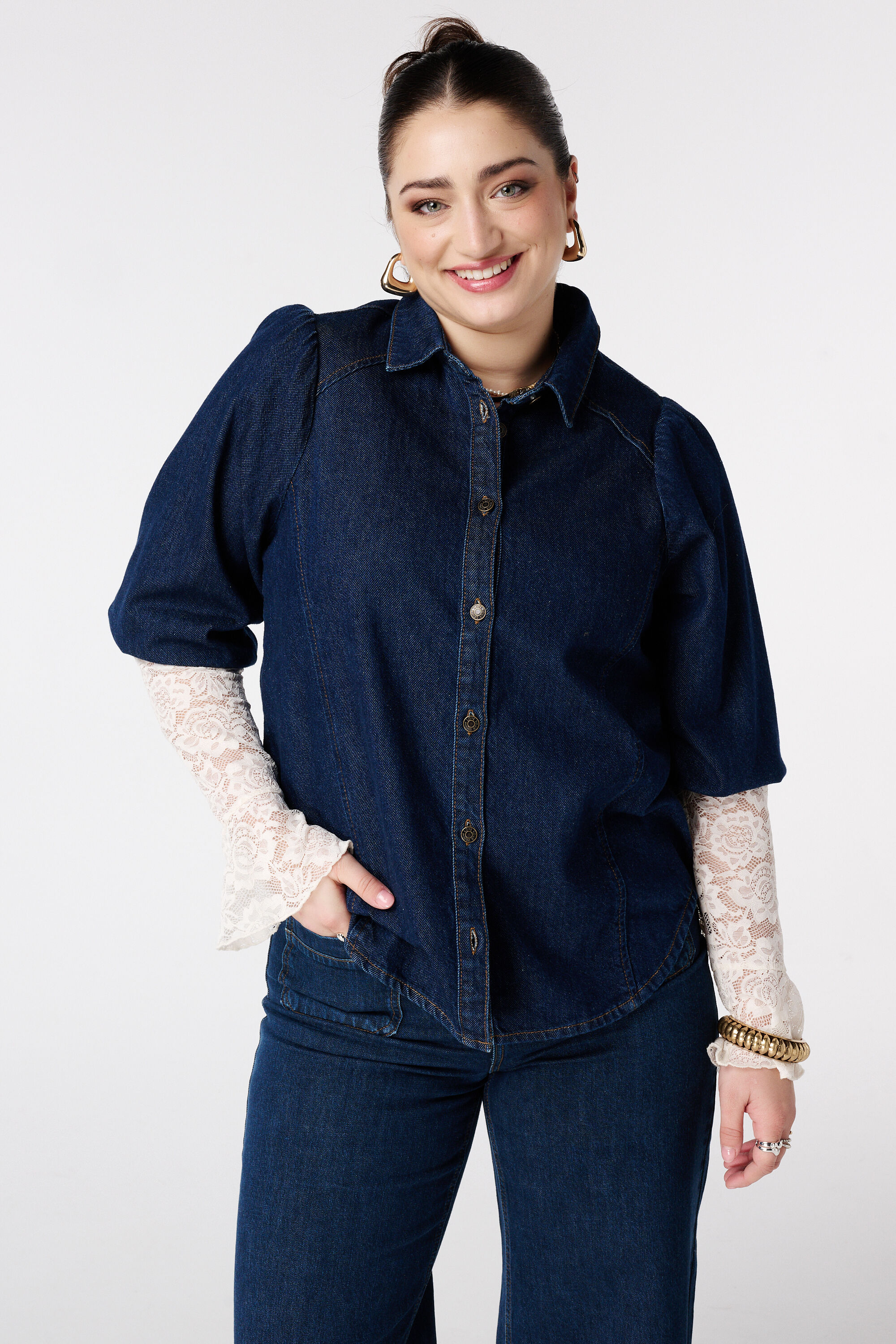 Denim blouse met pofmouwen