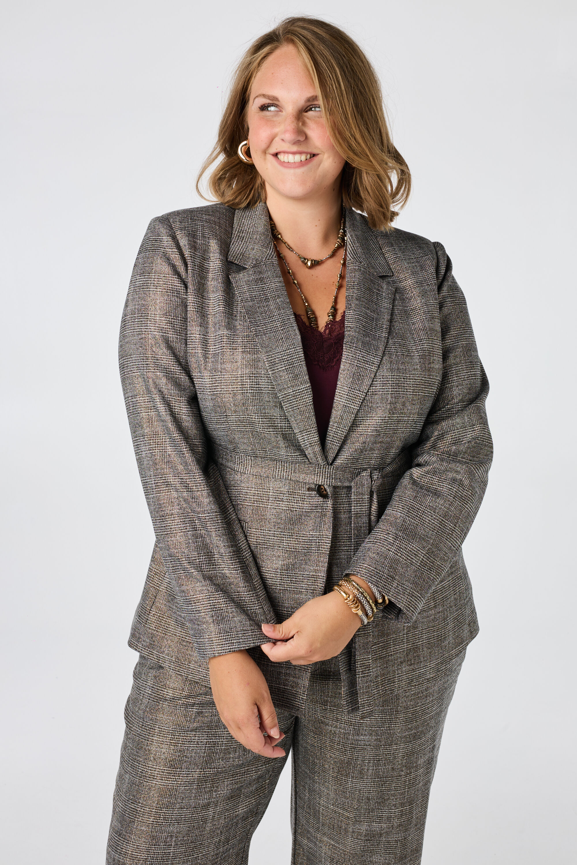 Geruite blazer met ceintuur