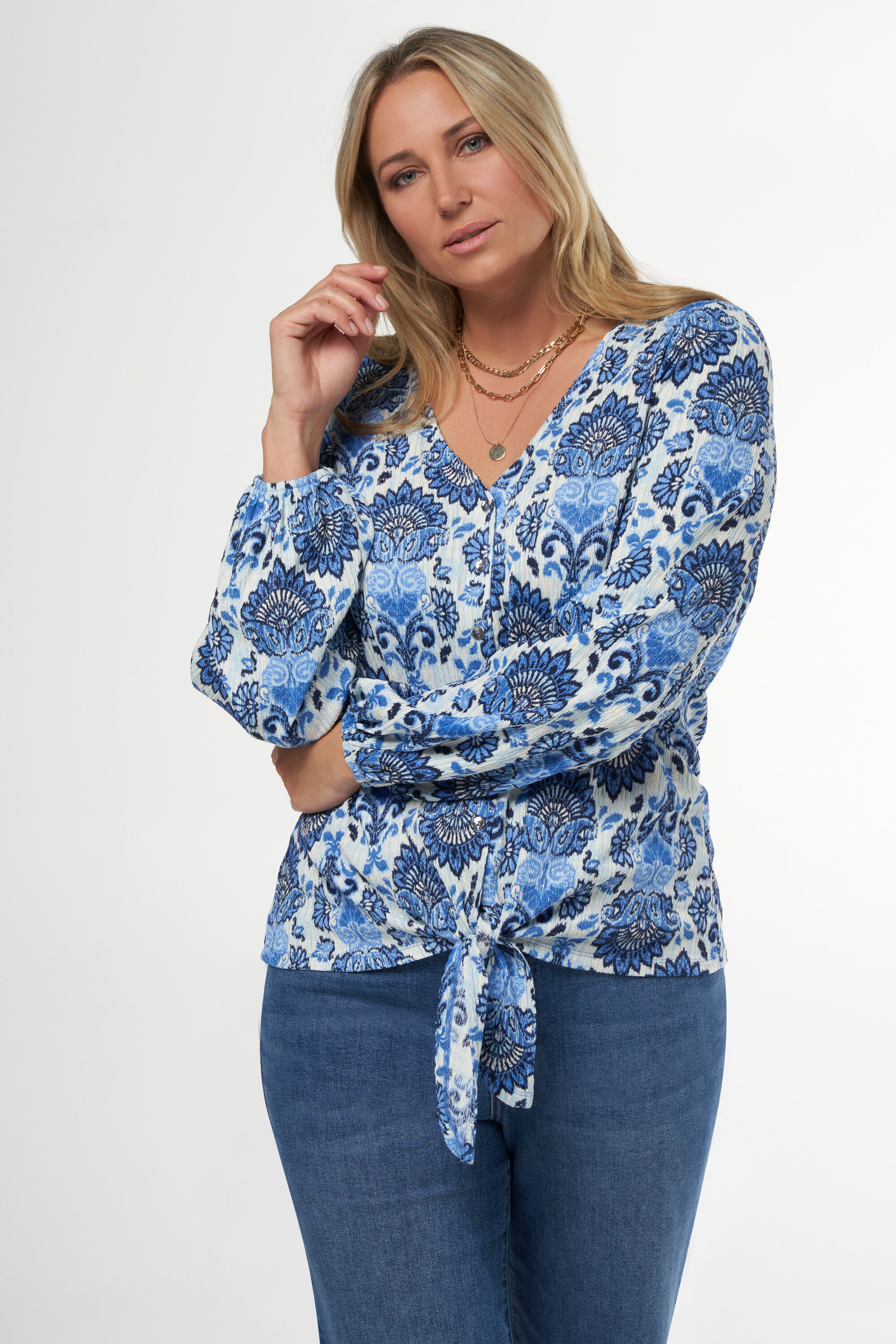 Dames Top met knoopjes en print Multi blue MS Mode