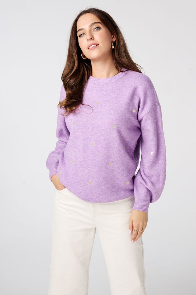 Fijn gebreide trui met geborduurde hartjes image number 0