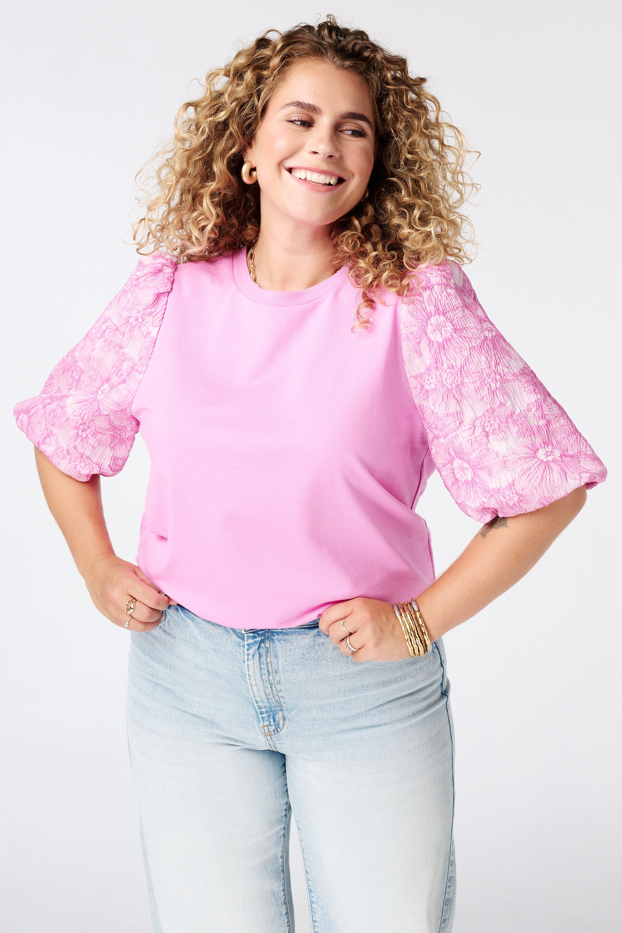 Top met jacquard mouwen