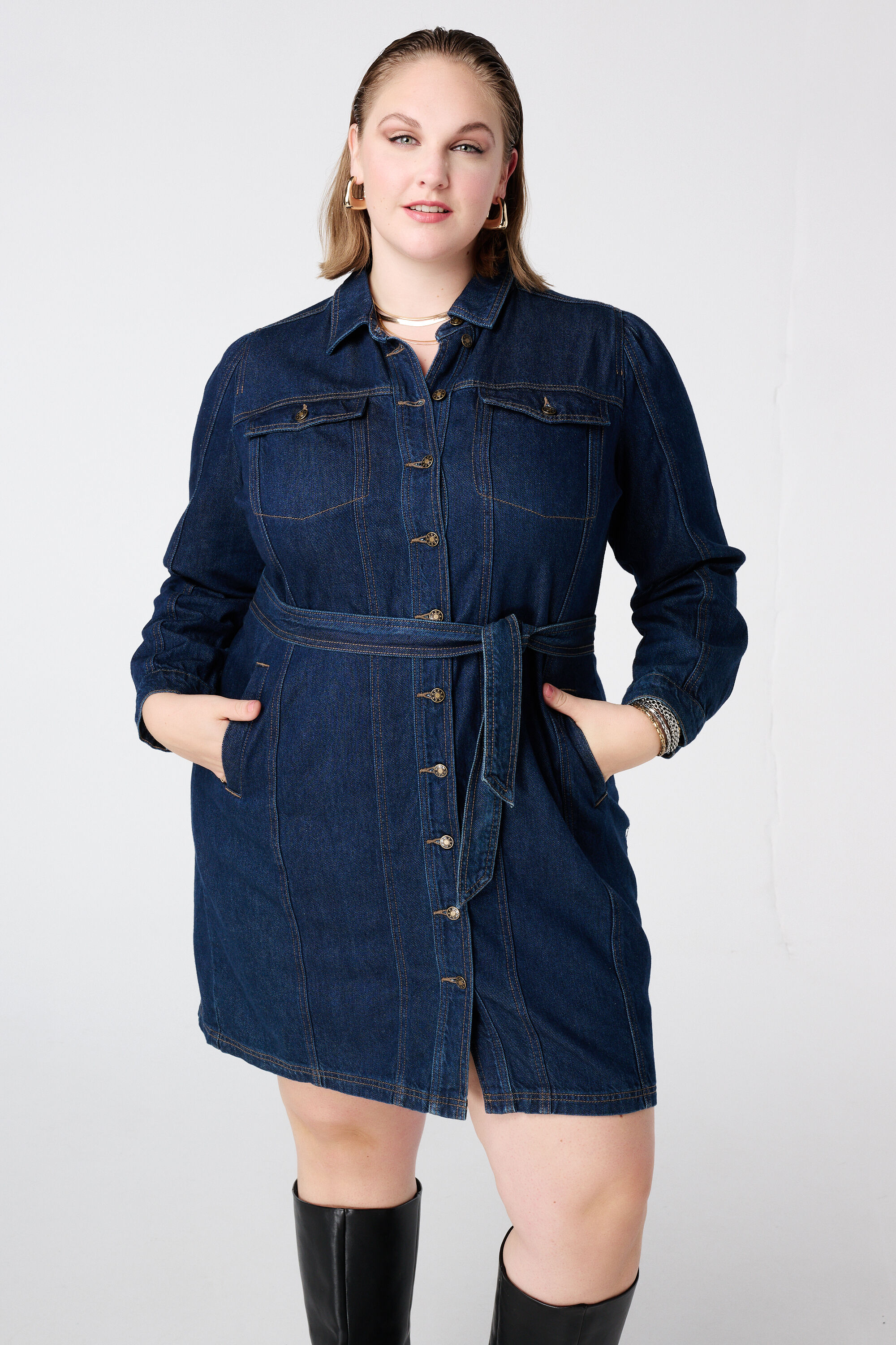 Denim jurk met strikceintuur image number 5