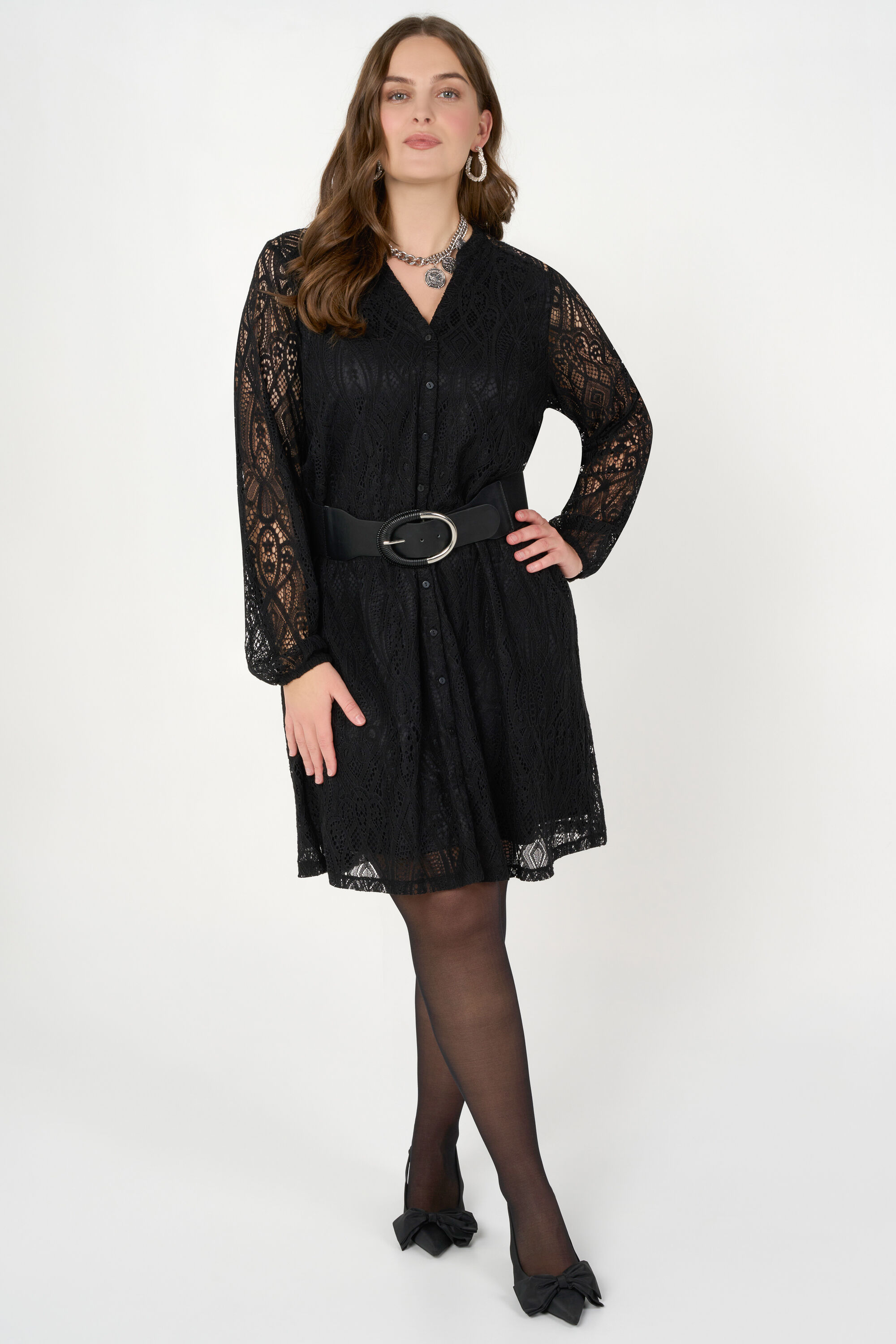 Dames Midi jurk met kant Zwart MS Mode