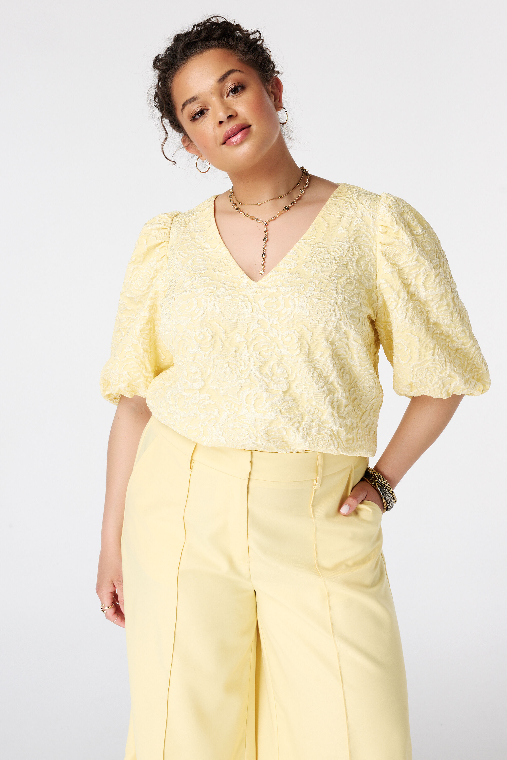 Jacquard blouse met pofmouwen