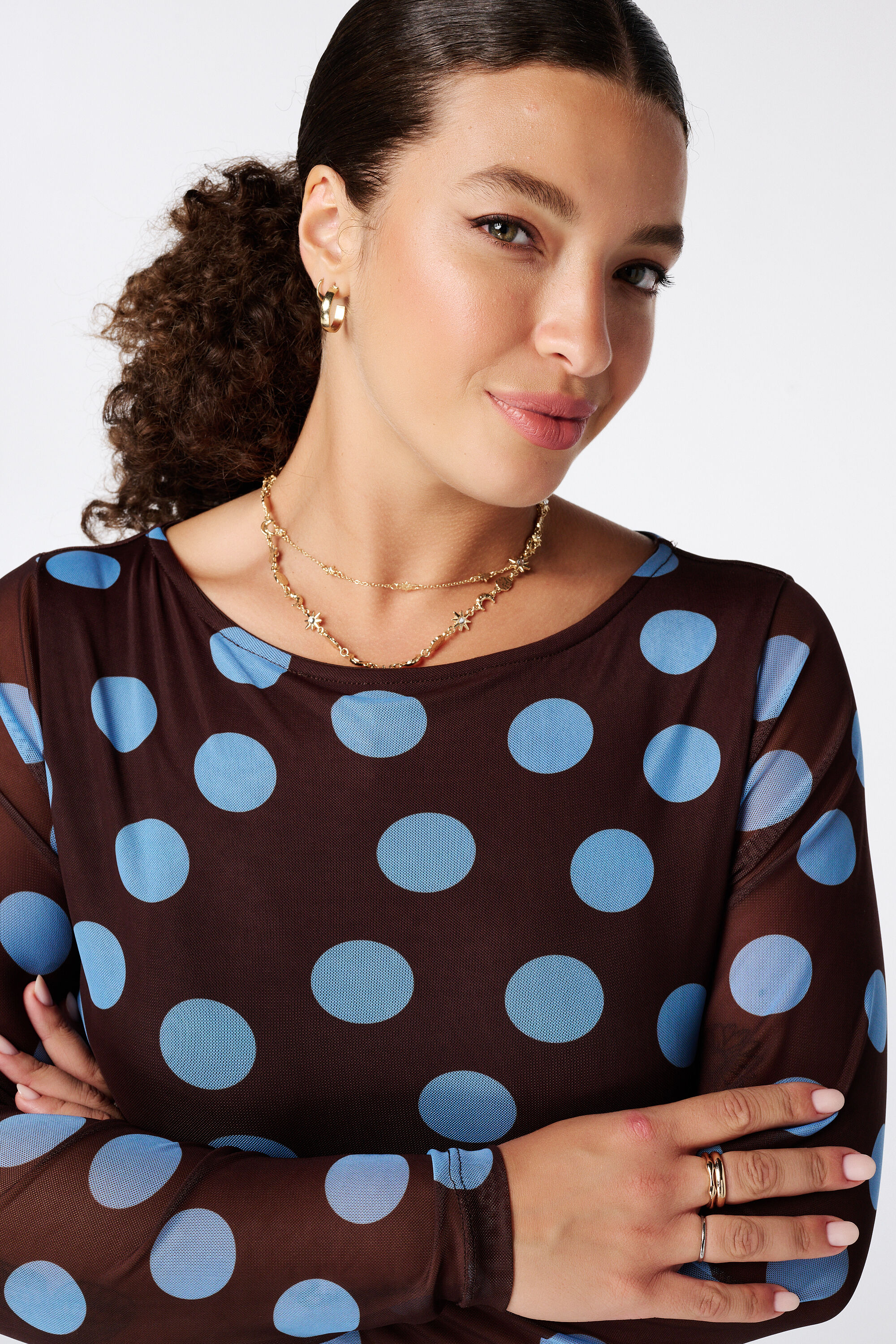Gedrapeerde mesh top met polka dot image number 4