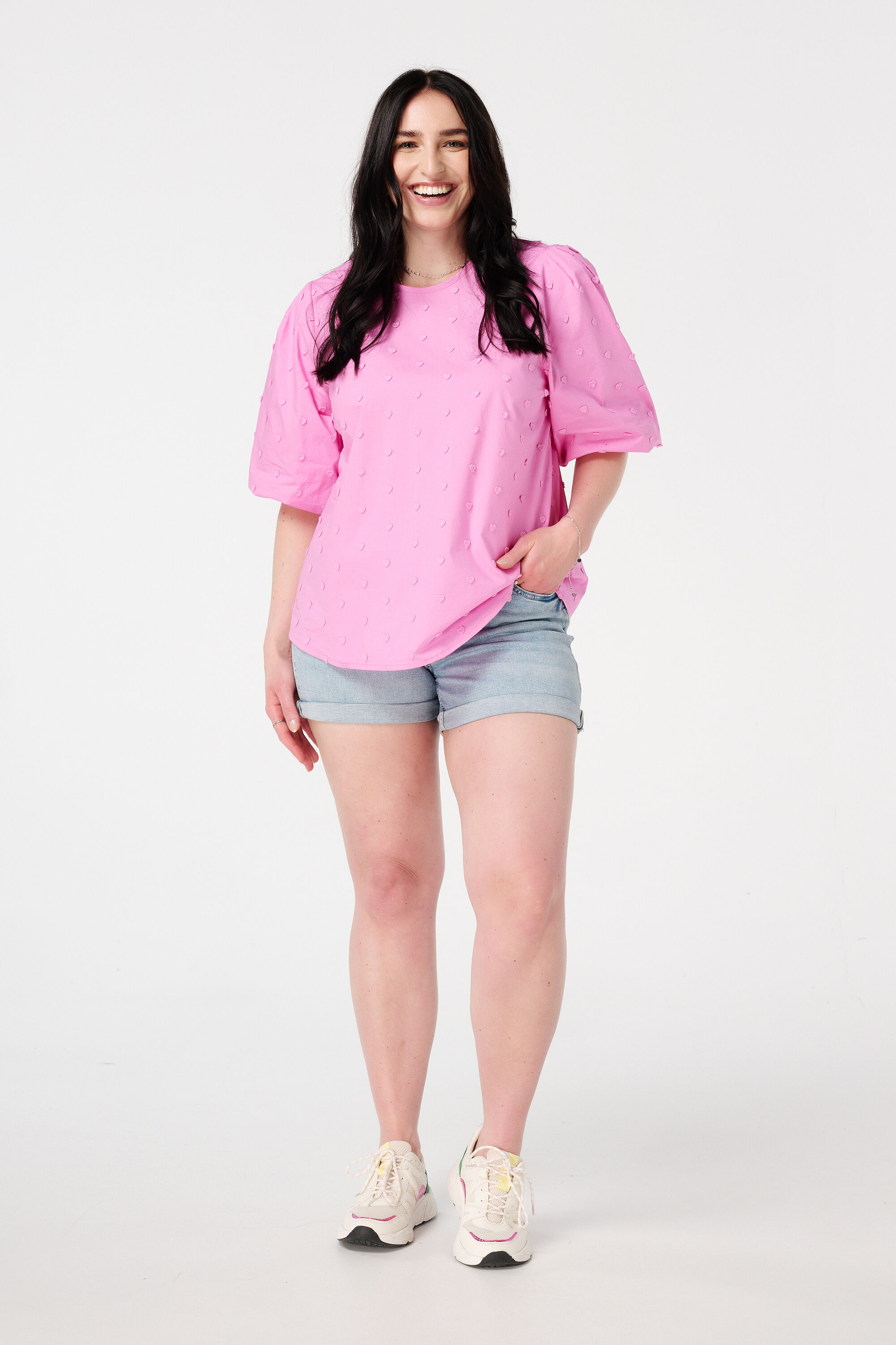 Blouse met geborduurde hartjes en driekwart mouwen image number 5