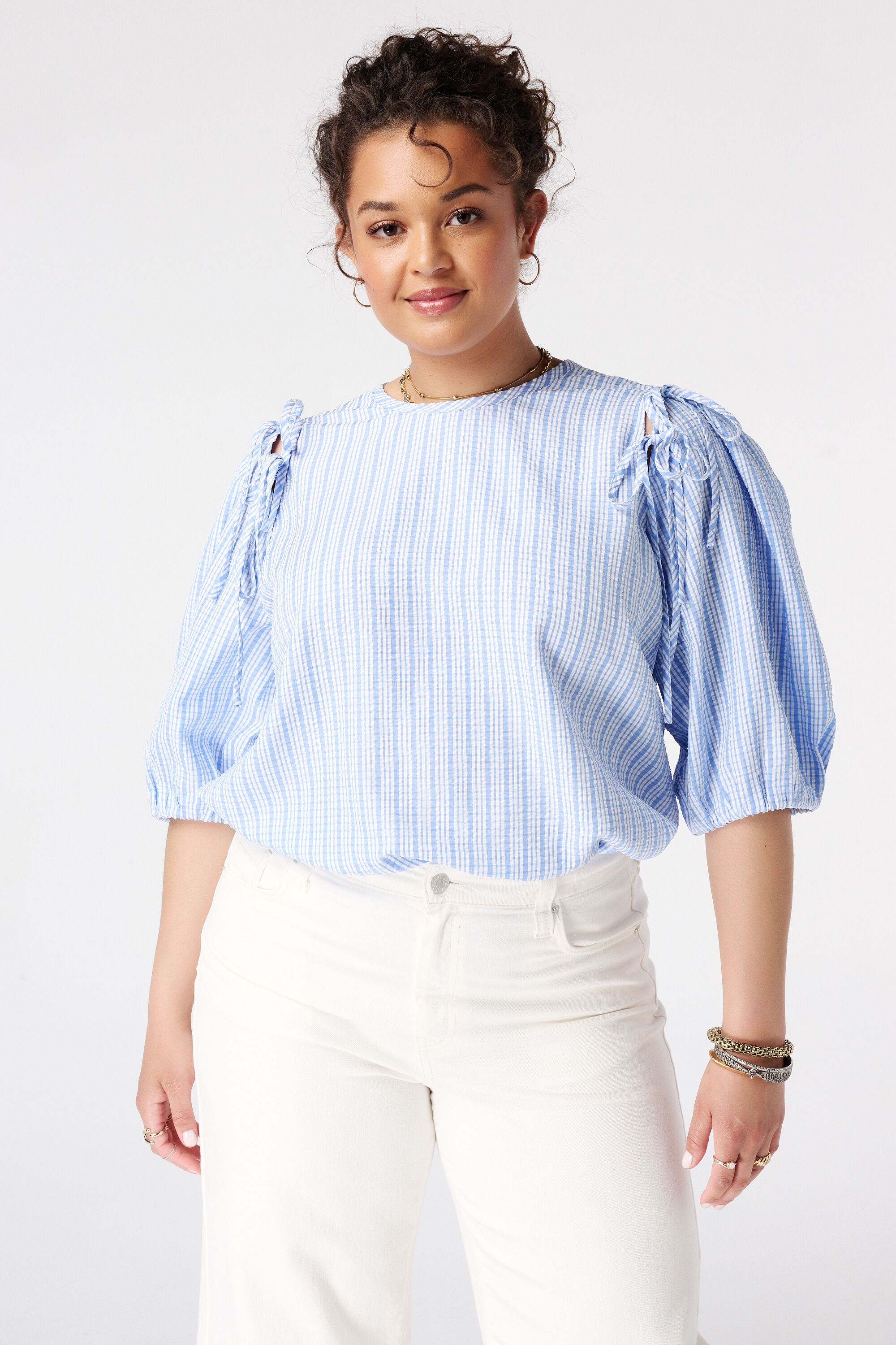 Geruite blouse met pofmouwen