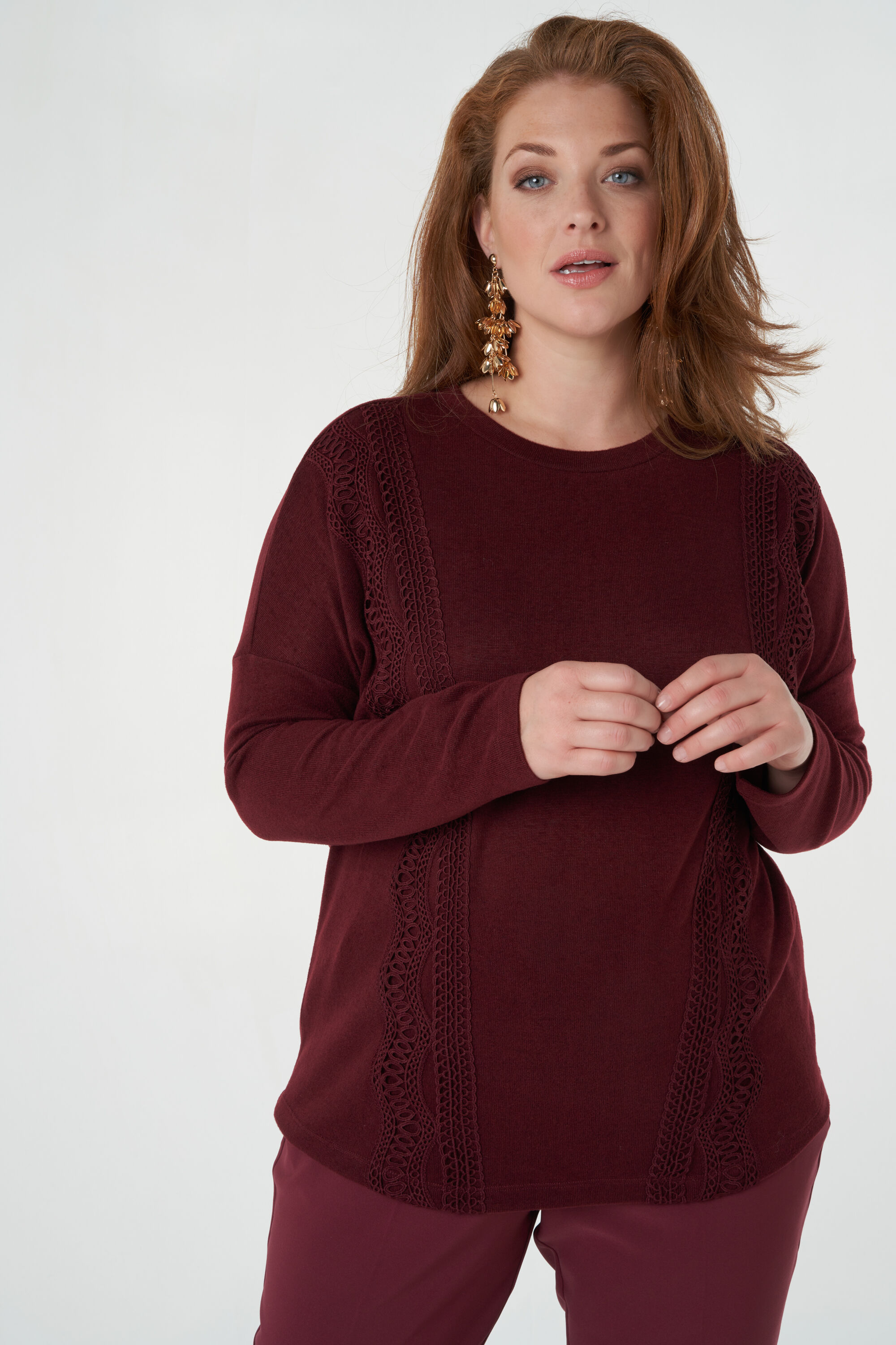 Dames Top met lange mouwen en kanten details Wijn rood MS Mode