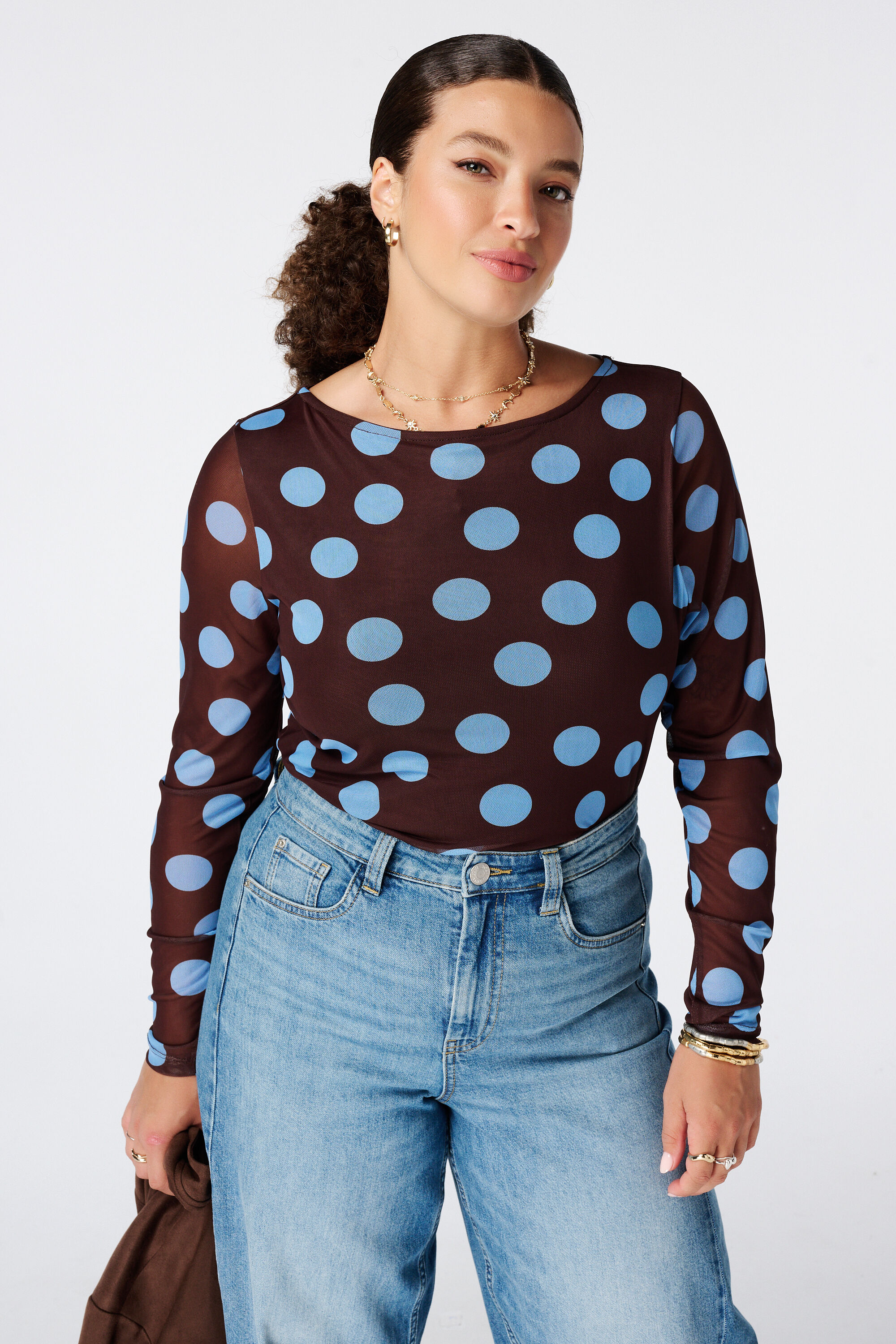 Gedrapeerde mesh top met polka dot