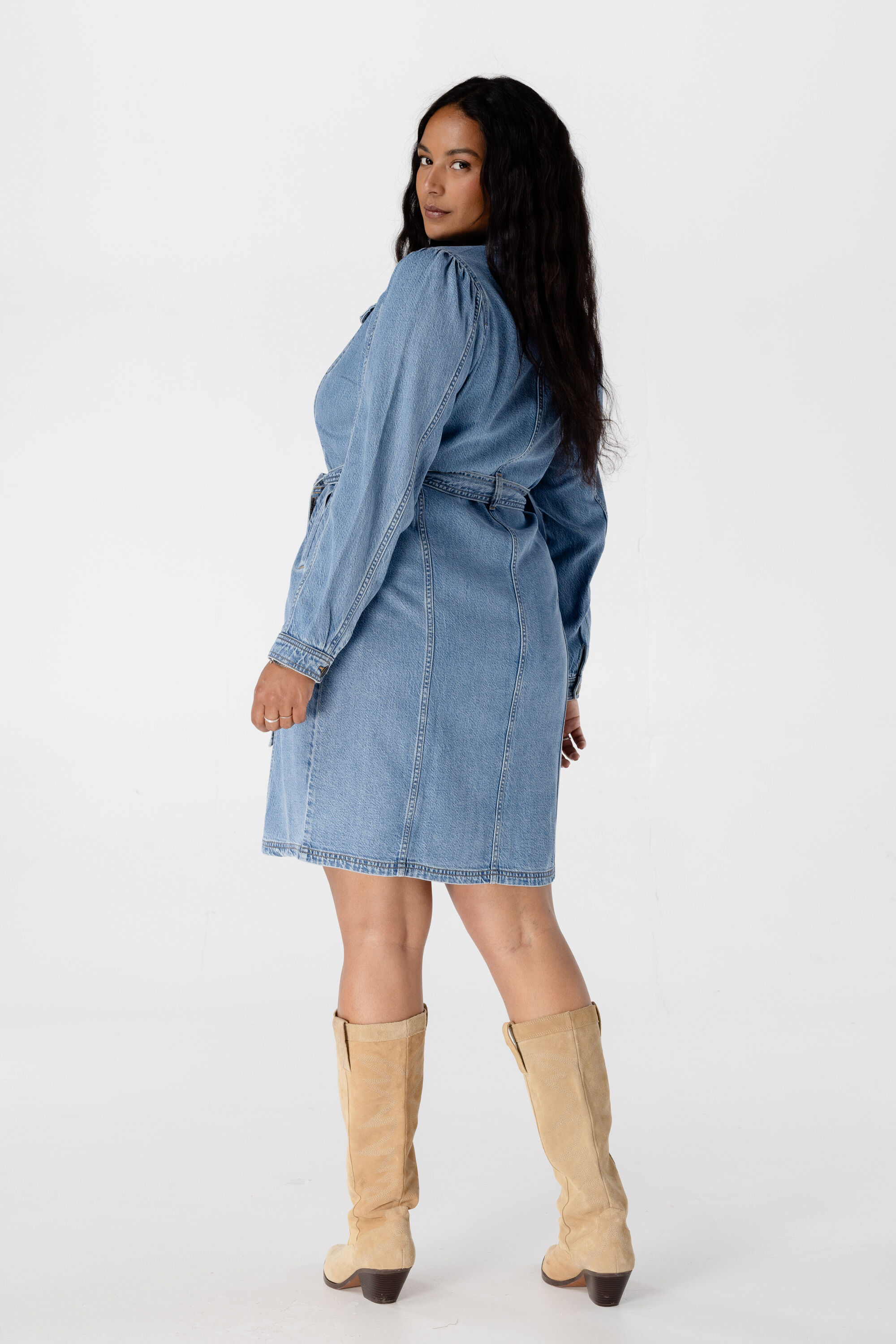 Denim jurk met strikceintuur image number 3