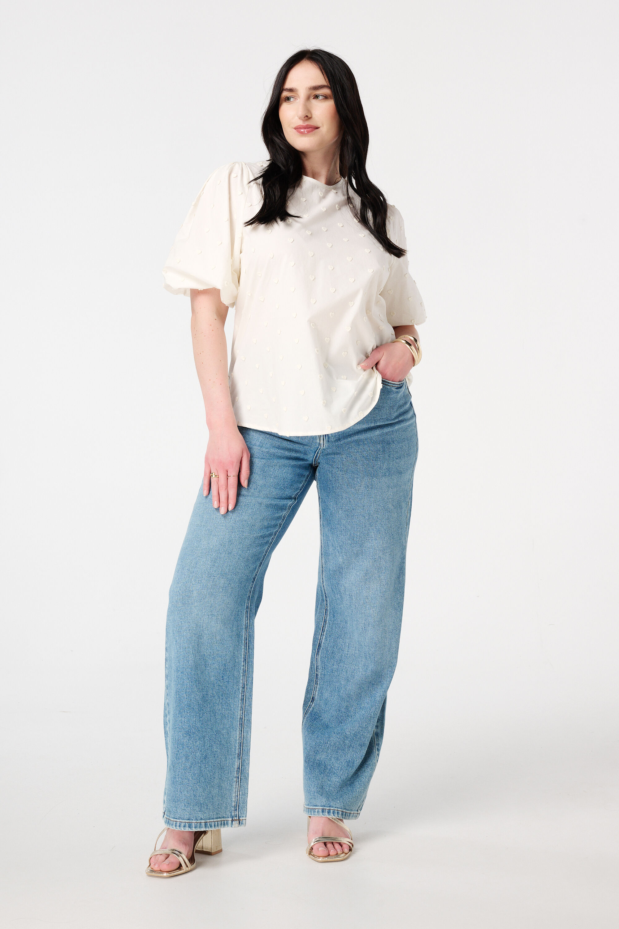 Blouse met geborduurde hartjes en driekwart mouwen image number 5