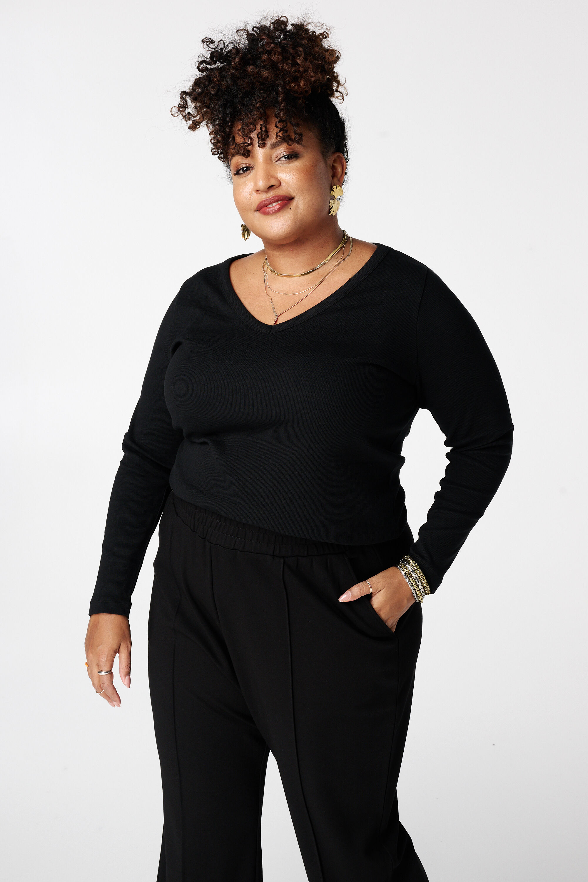 Geribde top met lange mouwen