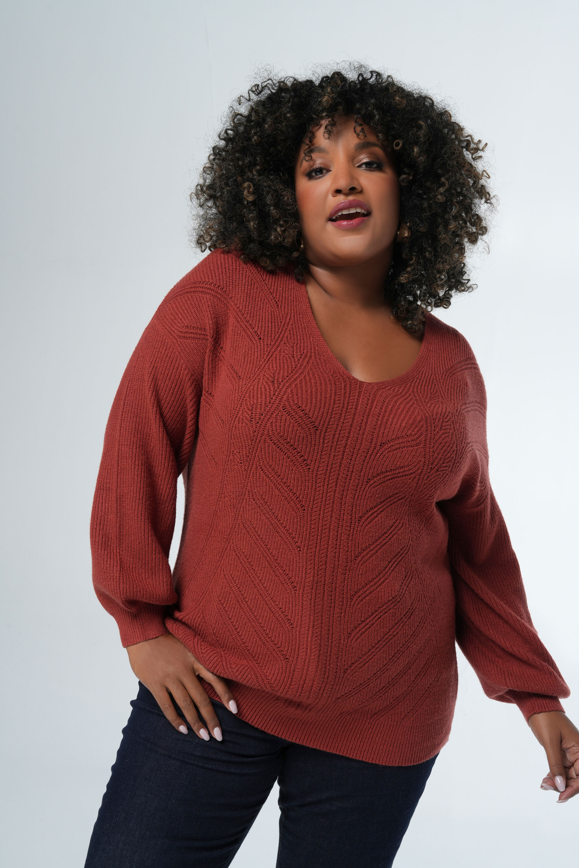 Dames Trui met v hals Steen rood MS Mode