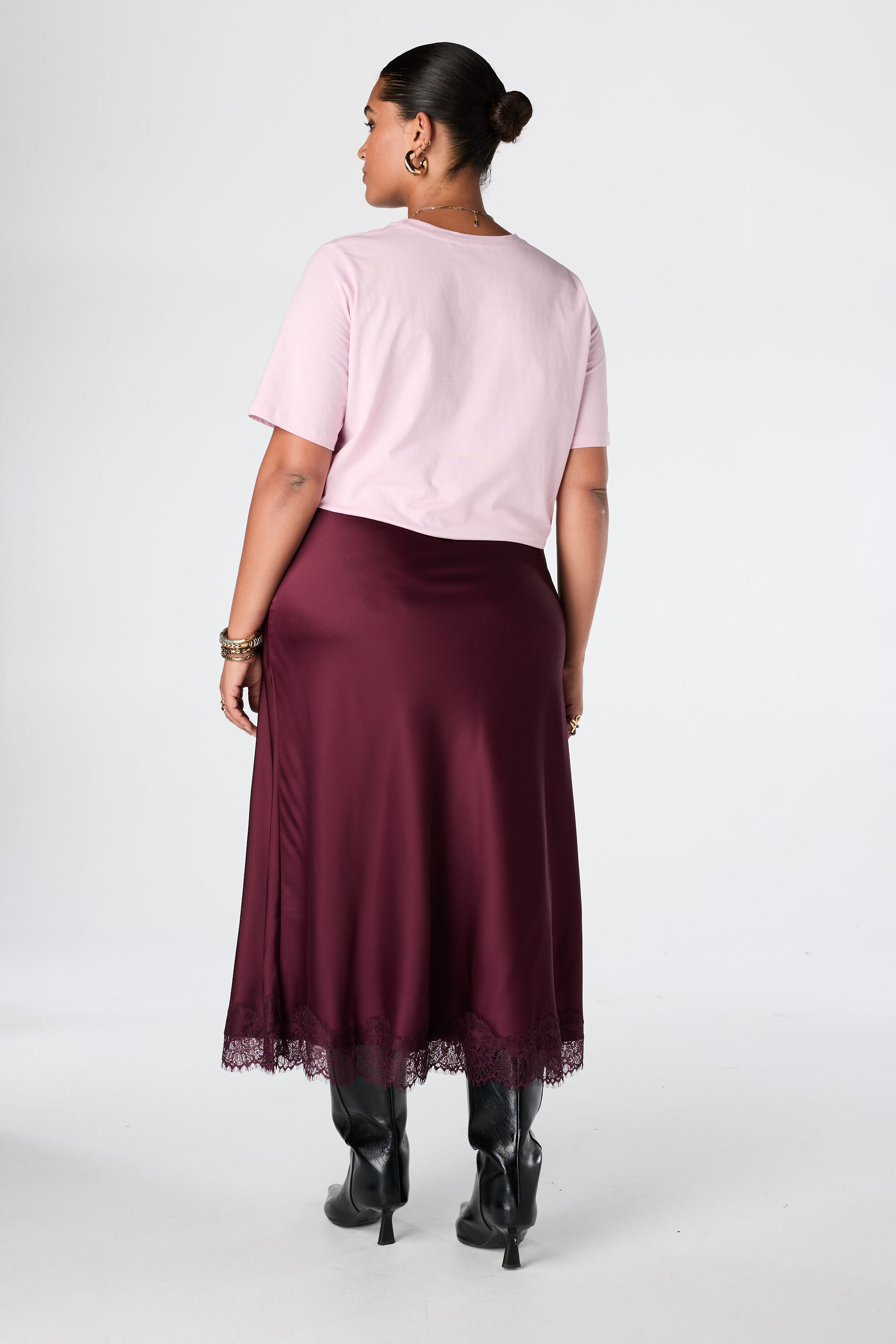Midi rok in satijnlook met kant image number 3