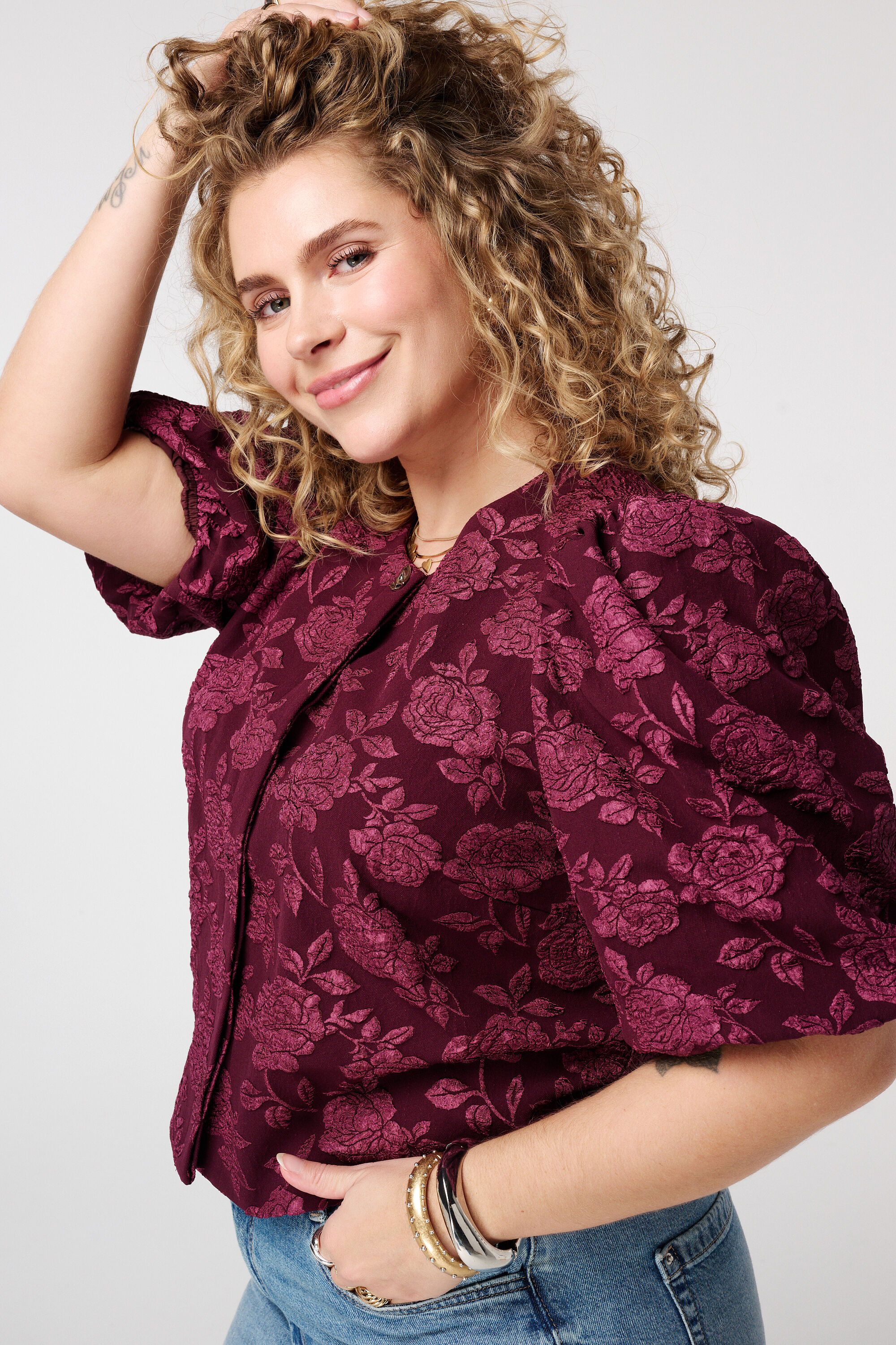 Jaquard top met pofmouw image number 4