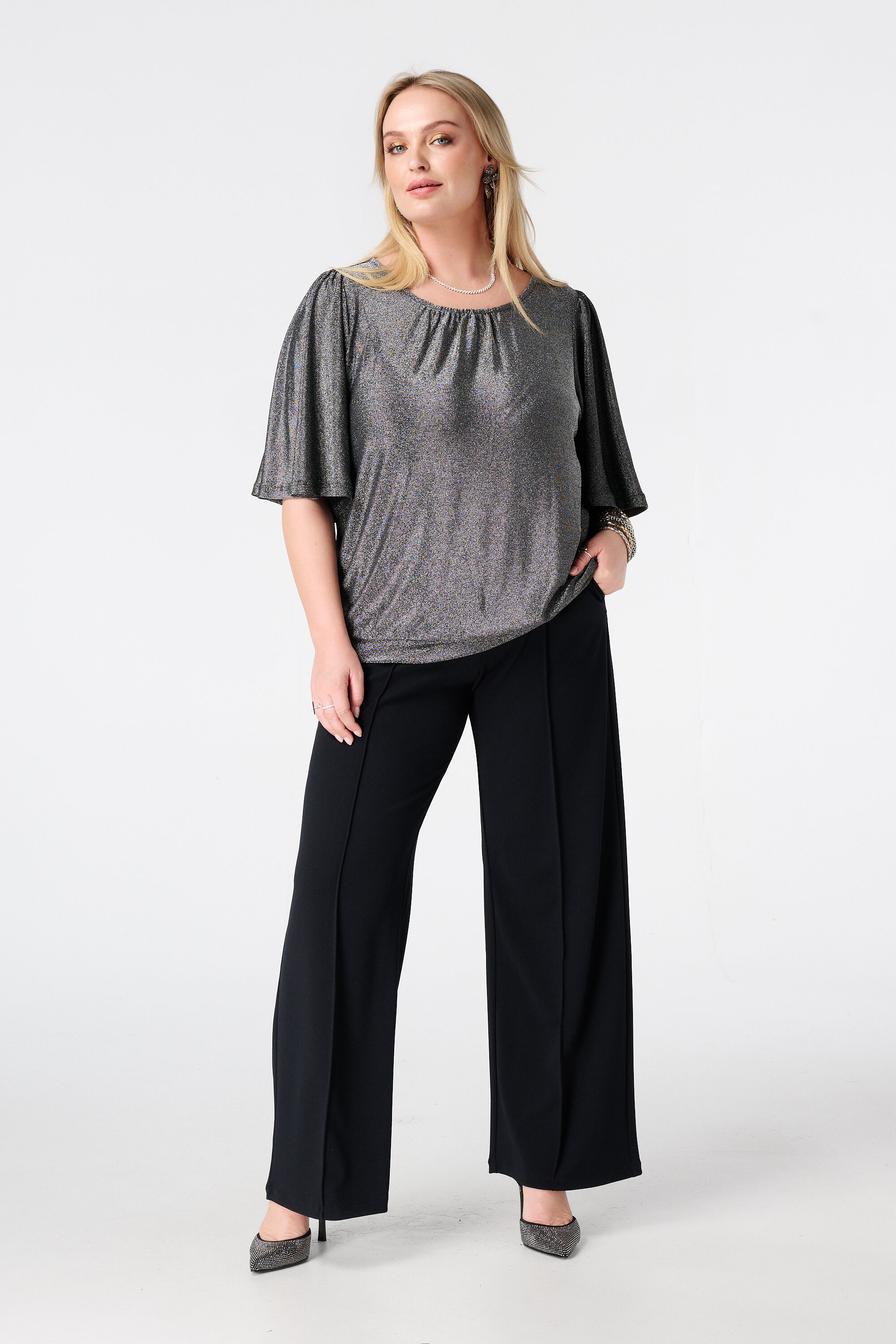 Top met flared mouwen en lurex image number 5