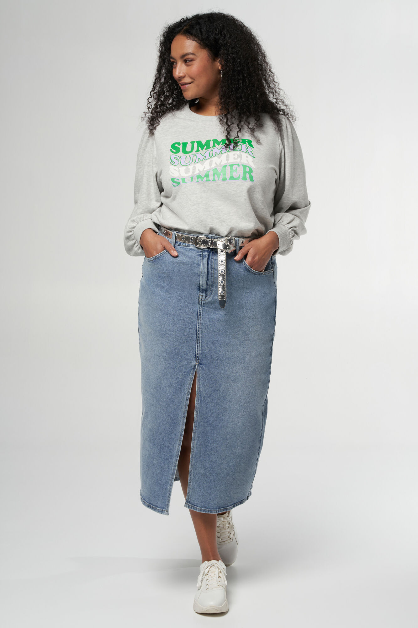 Midi denim rok met split image number 6