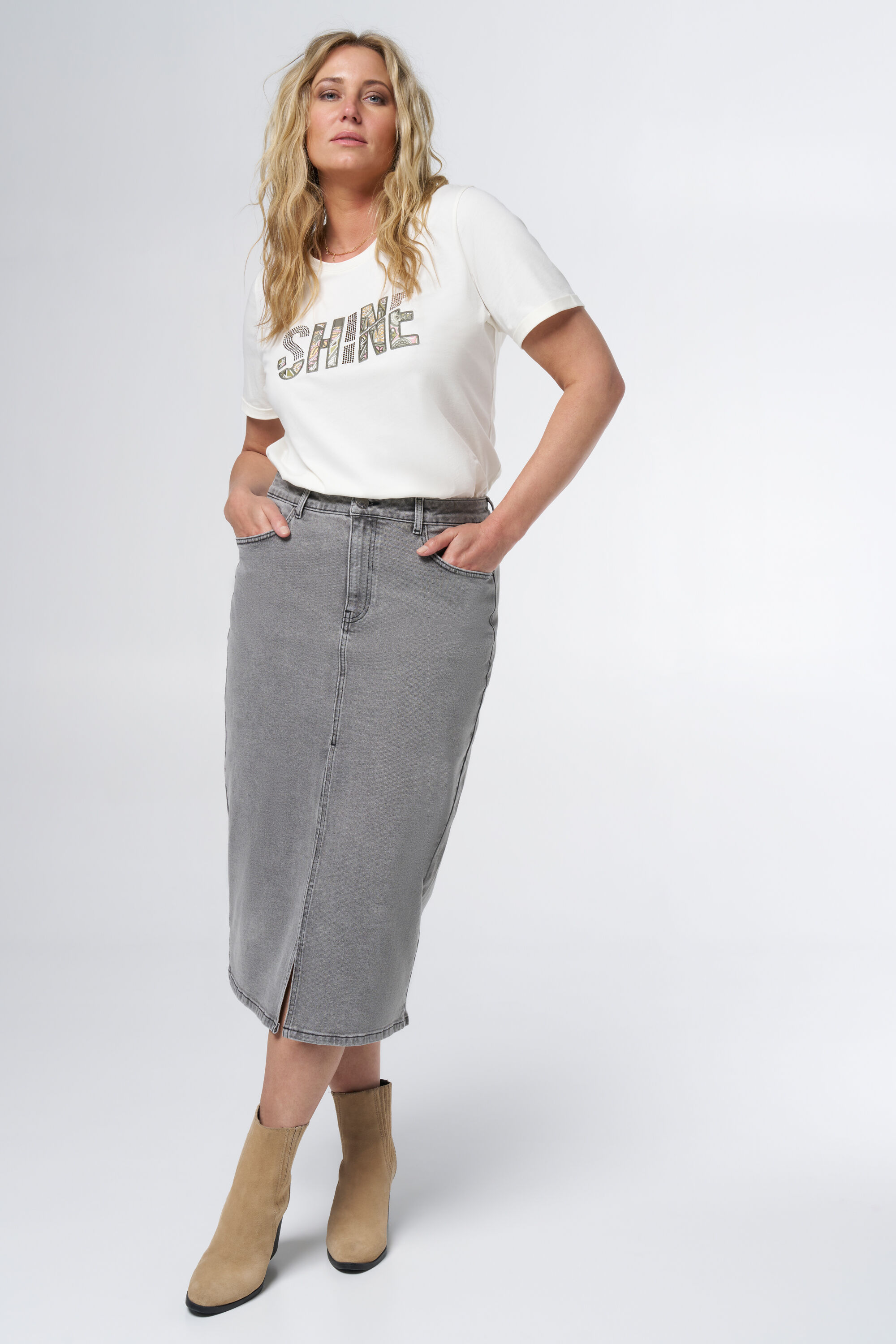 Midi denim rok met split image number 6