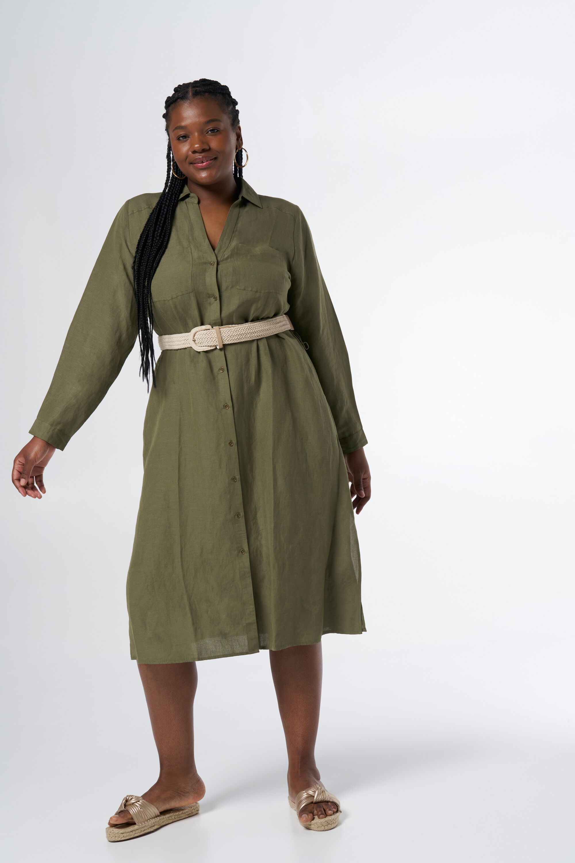 Midi jurk met linnen en riem image number 6