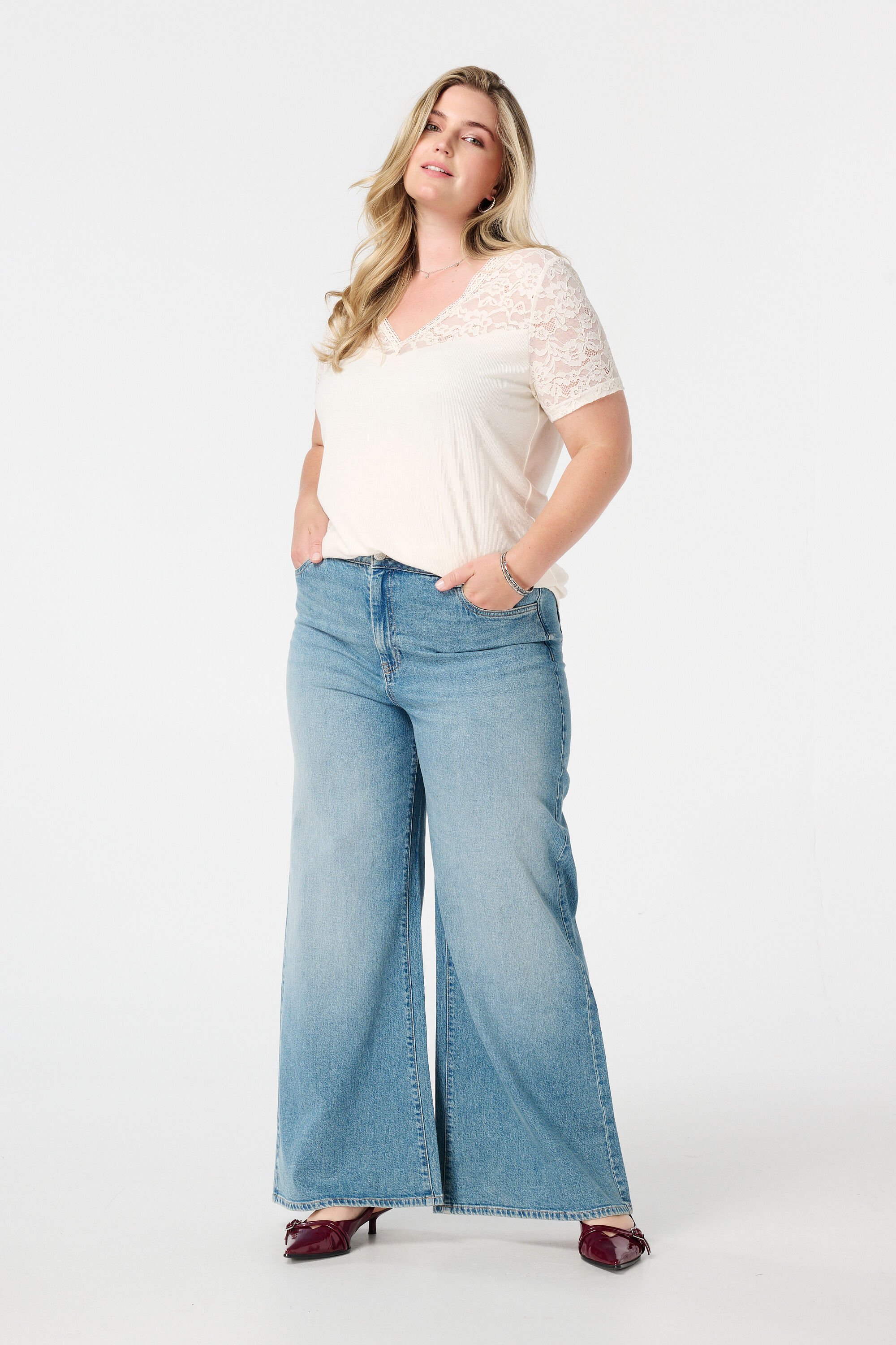 Rib t-shirt met kant  image number 5