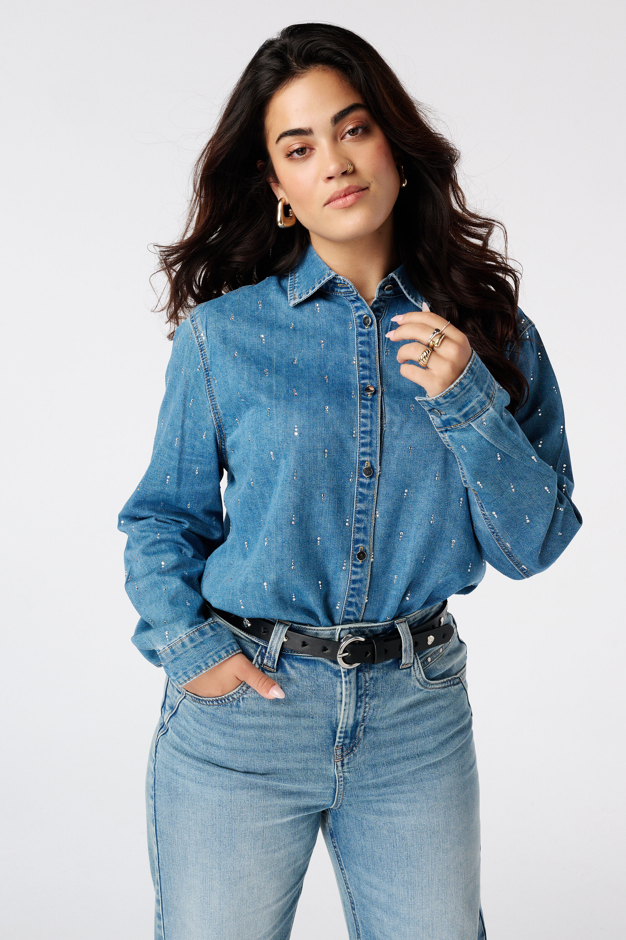Denim blouse met strass 