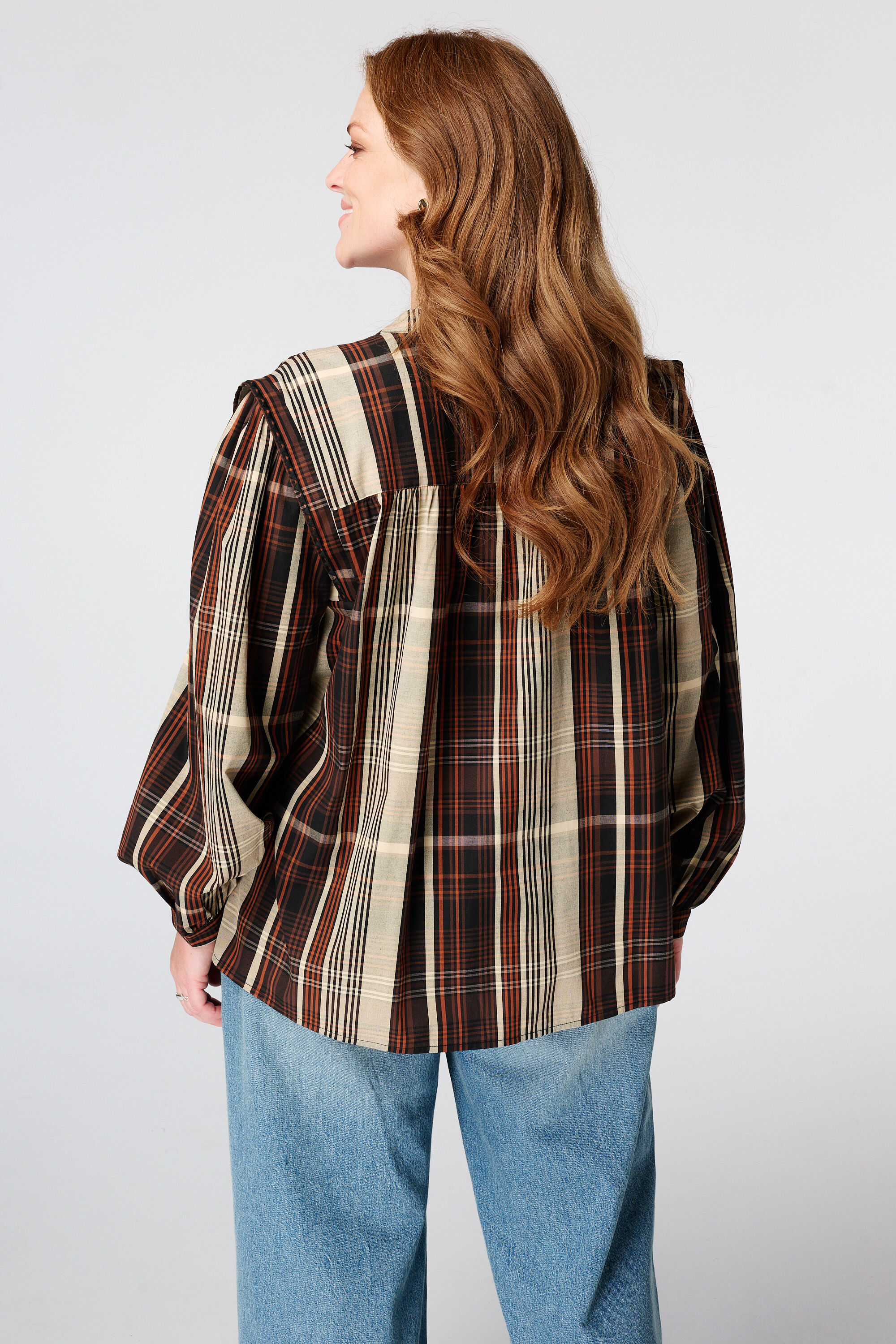 Geruite blouse met volant mouwen image number 1