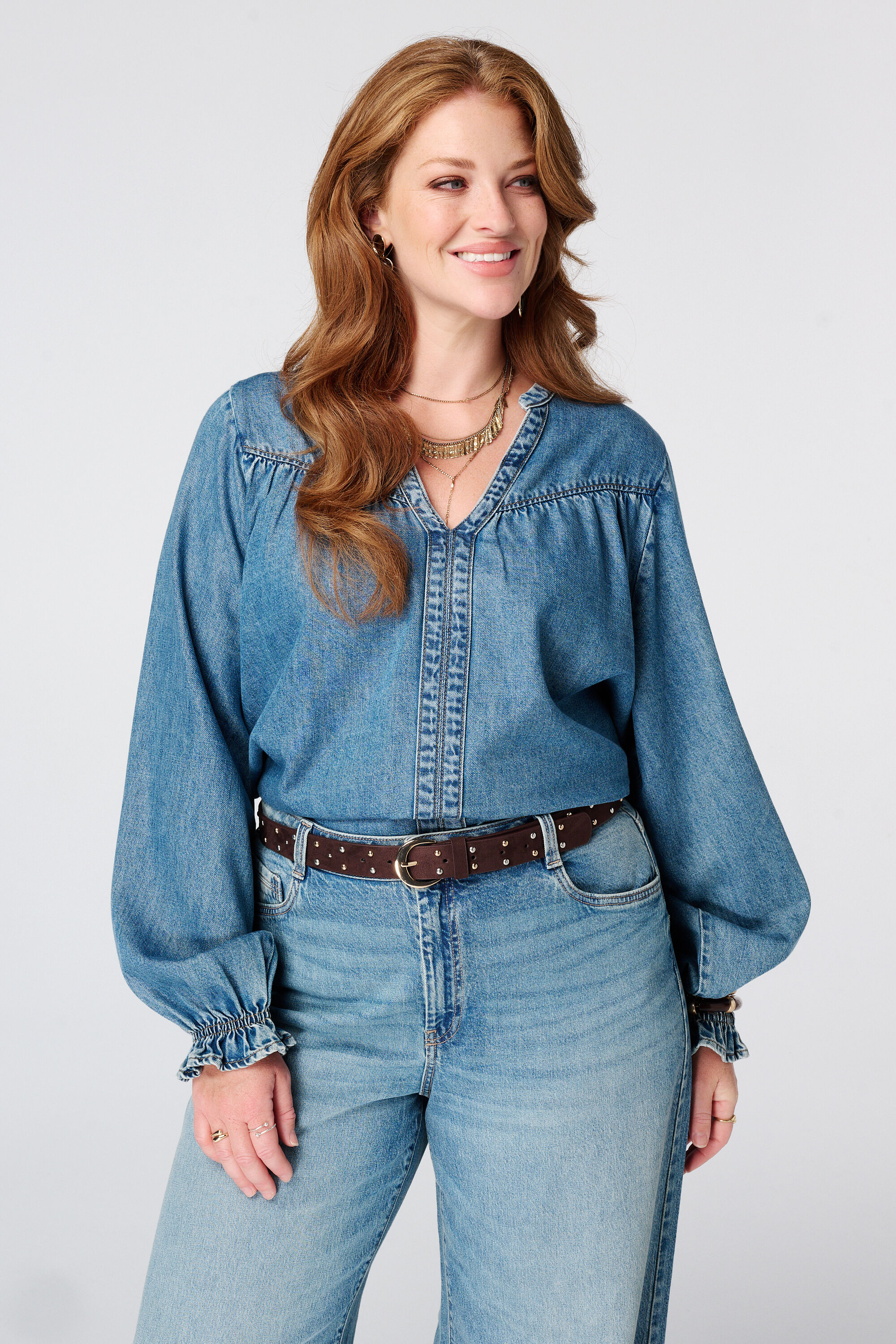 Denim blouse met trompetmouwen