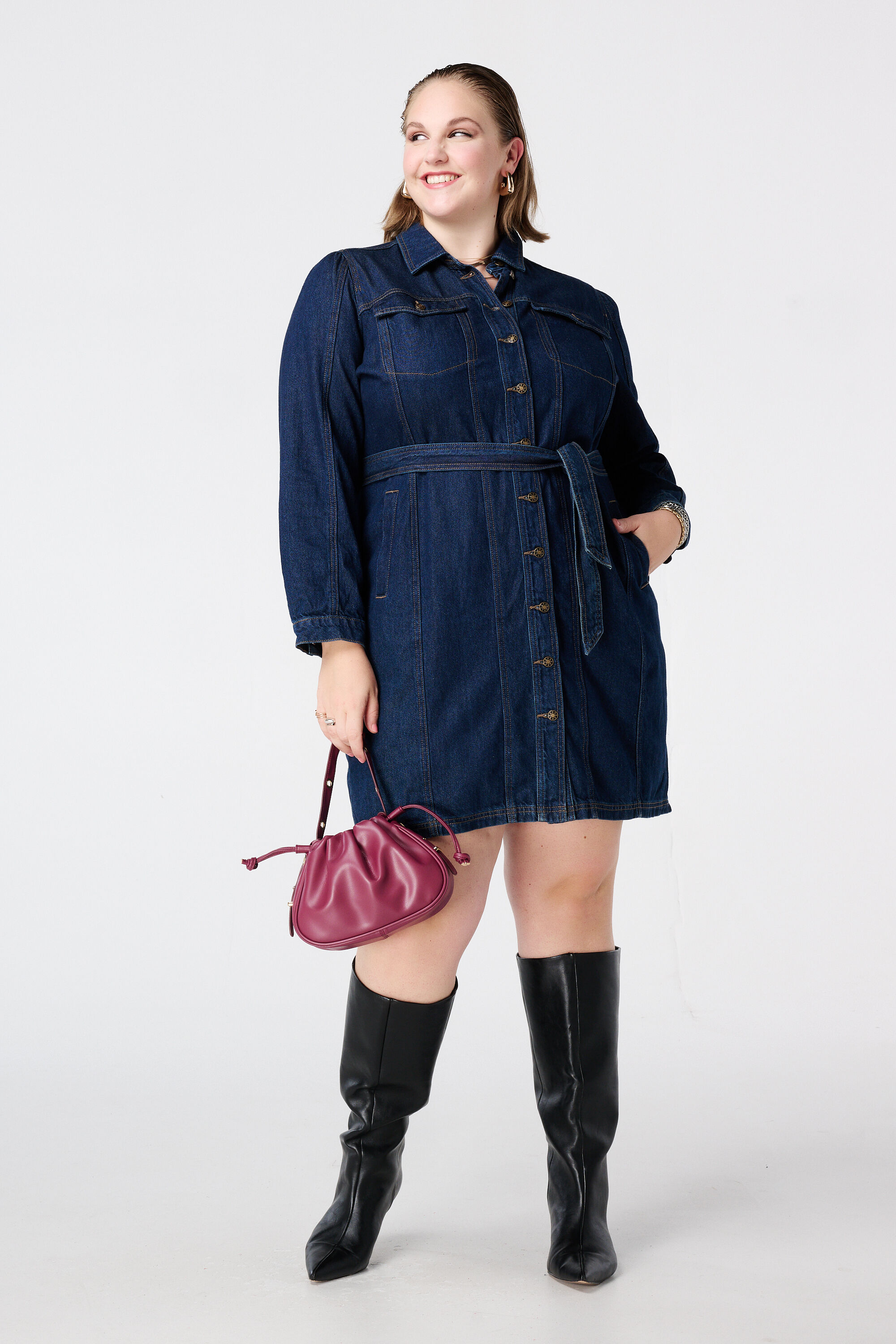 Denim jurk met strikceintuur image number 0