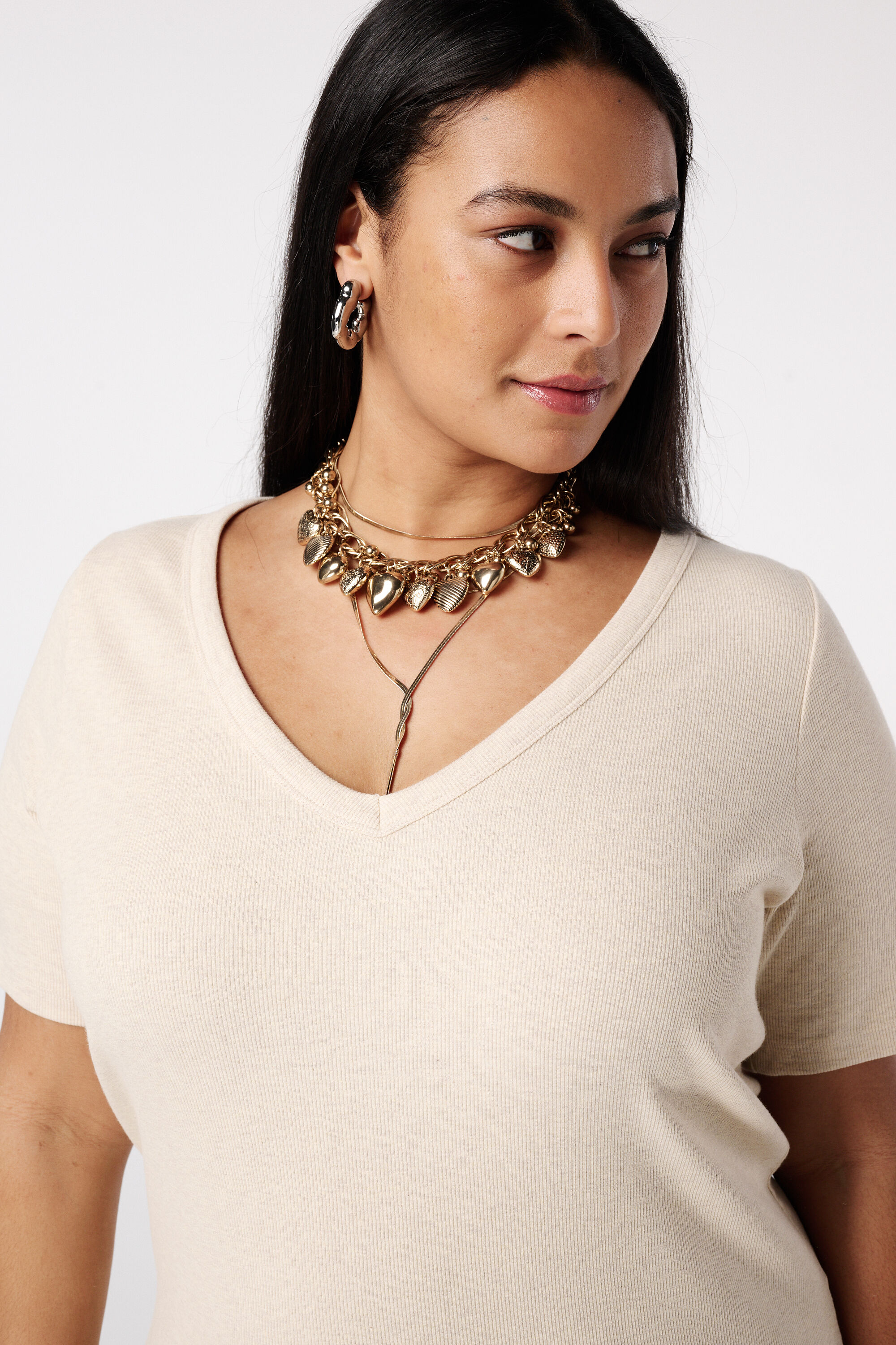 Ribstof top met v-hals image number 4