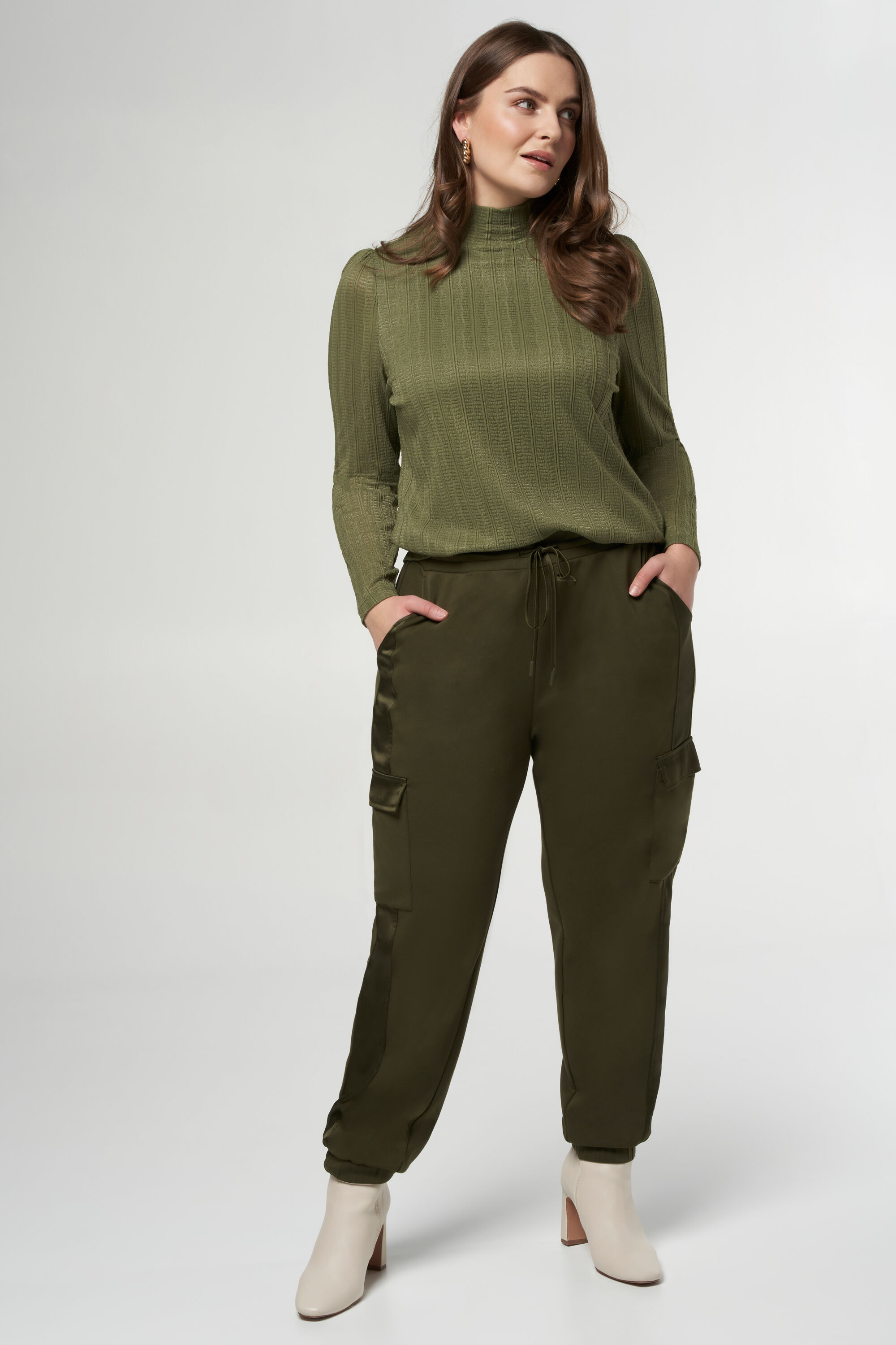 Dames Top met col en structuur Khaki MS Mode
