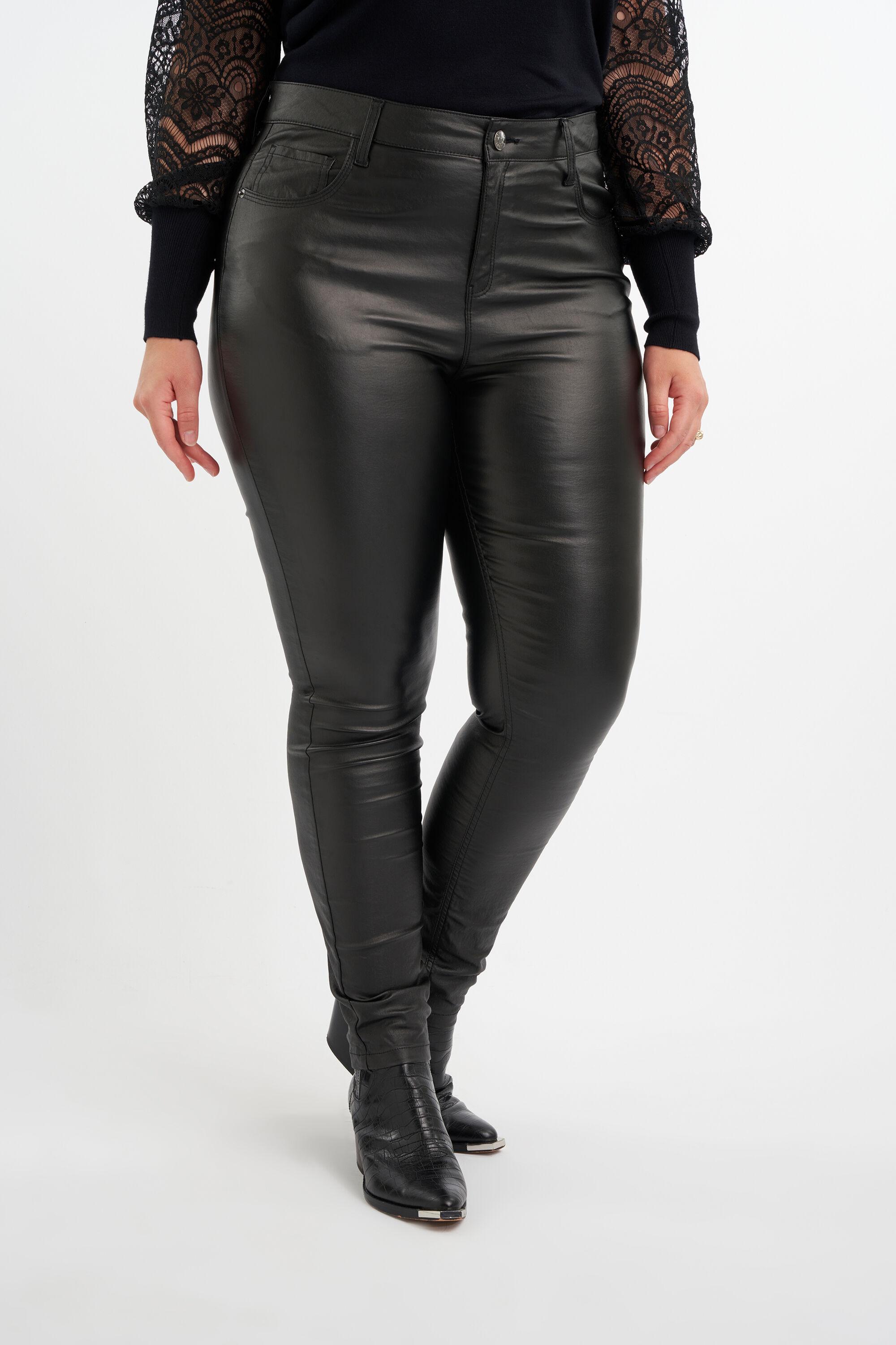 Slim leg broek met coating image number 0