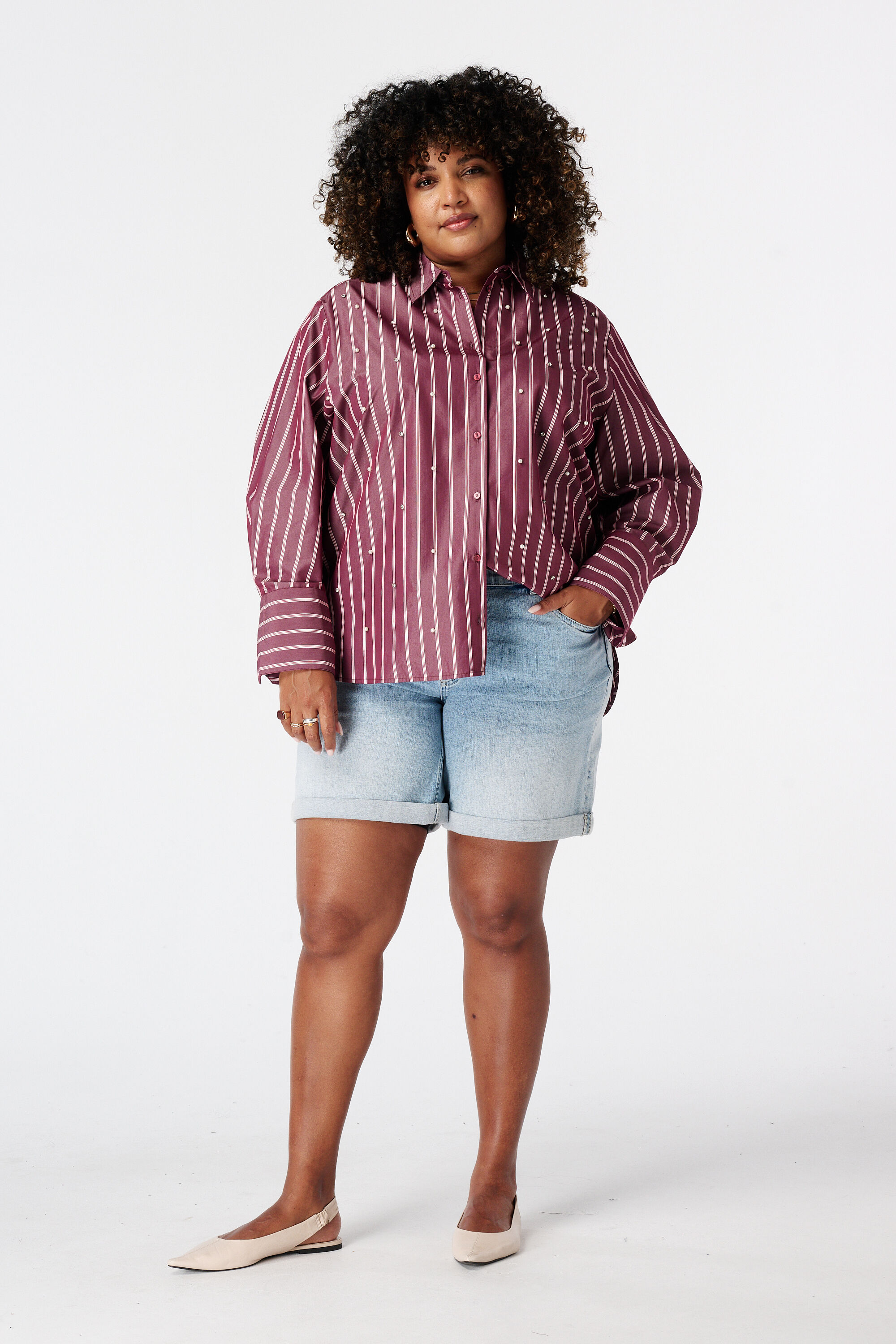 Gestreepte blouse met parels image number 5