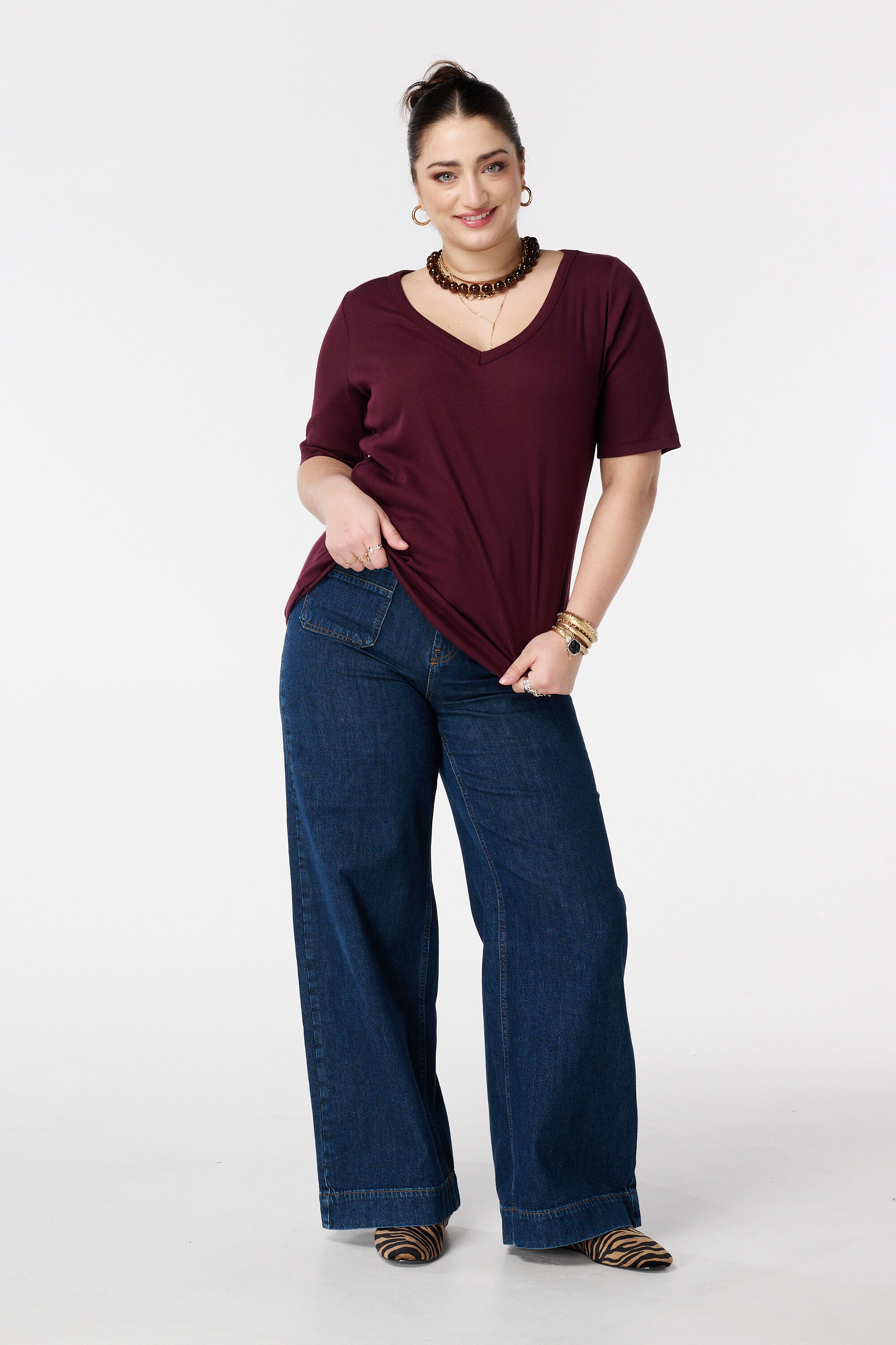 Ribstof top met v-hals image number 5