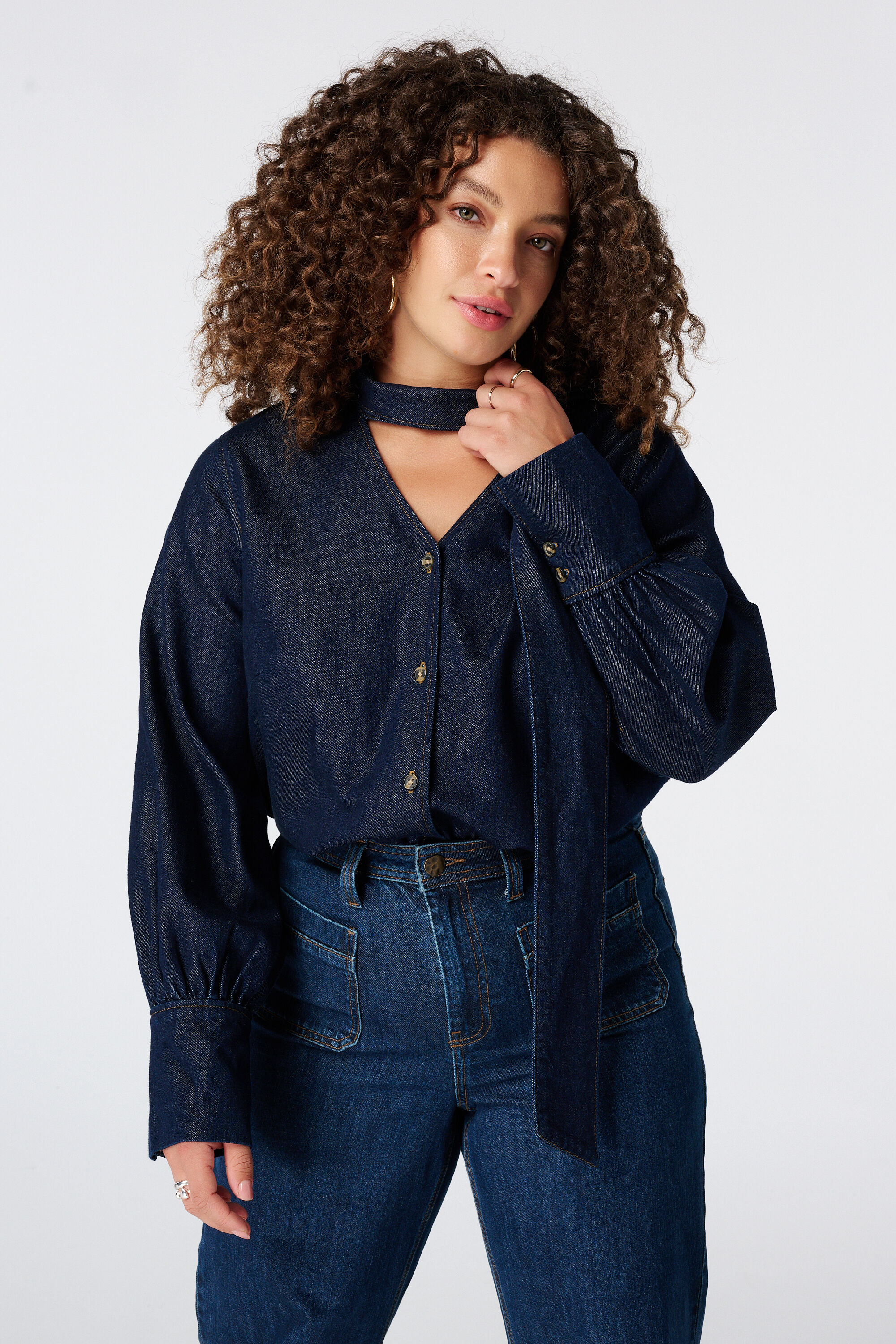 Denim blouse met sjaaltje
