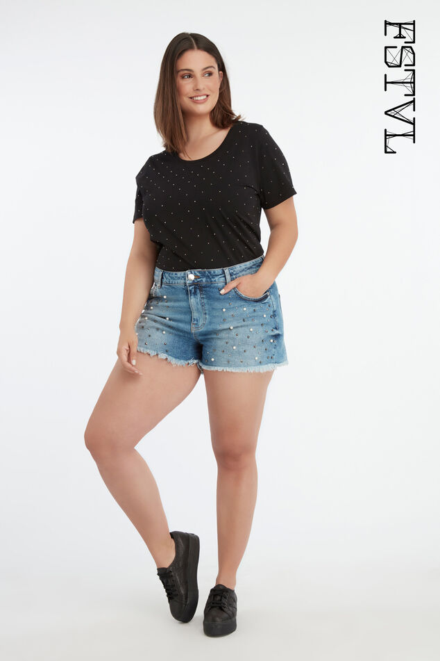 Denim short met parels en studs image number 0