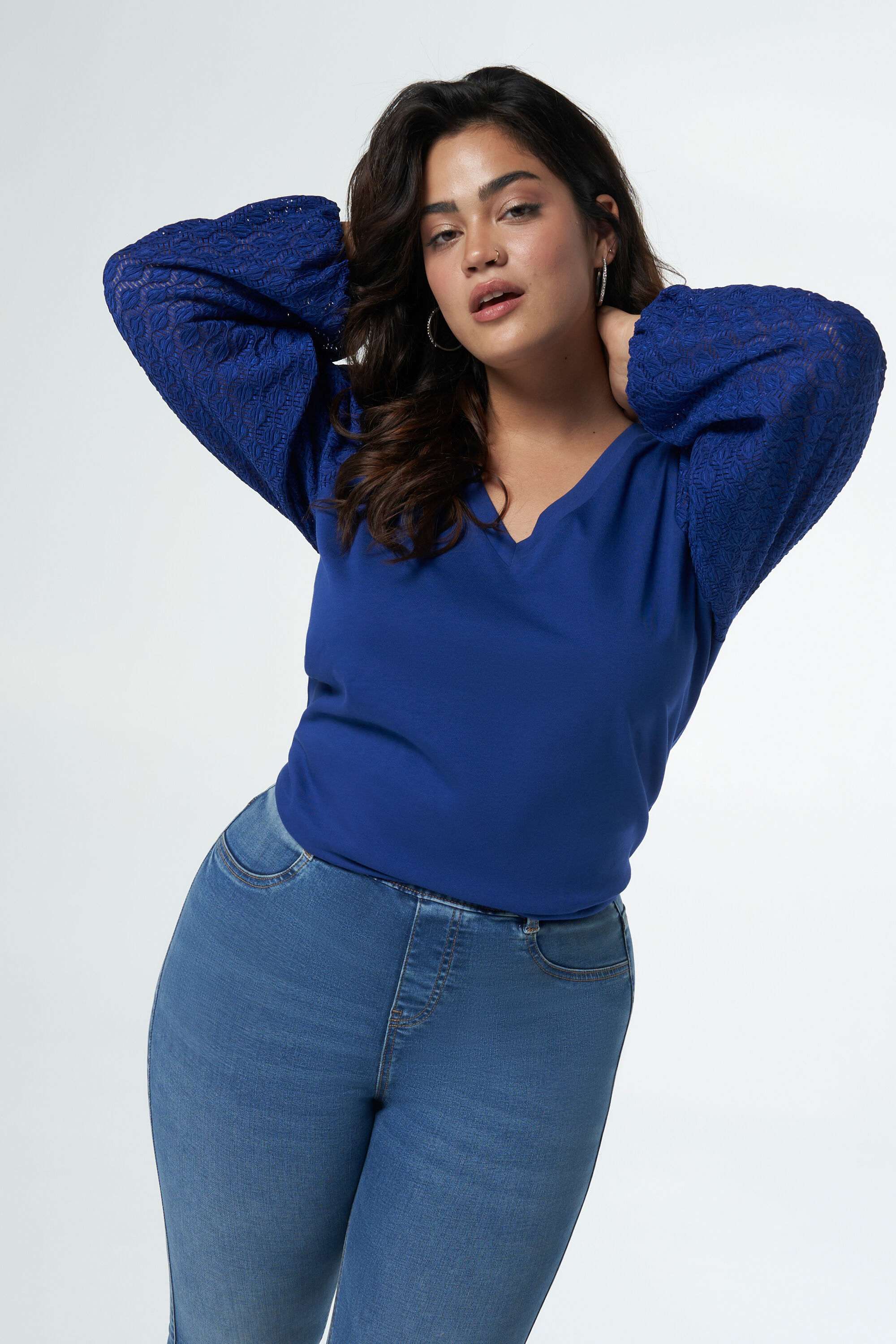 Dames Top met kanten mouwen Kobalt blauw MS Mode