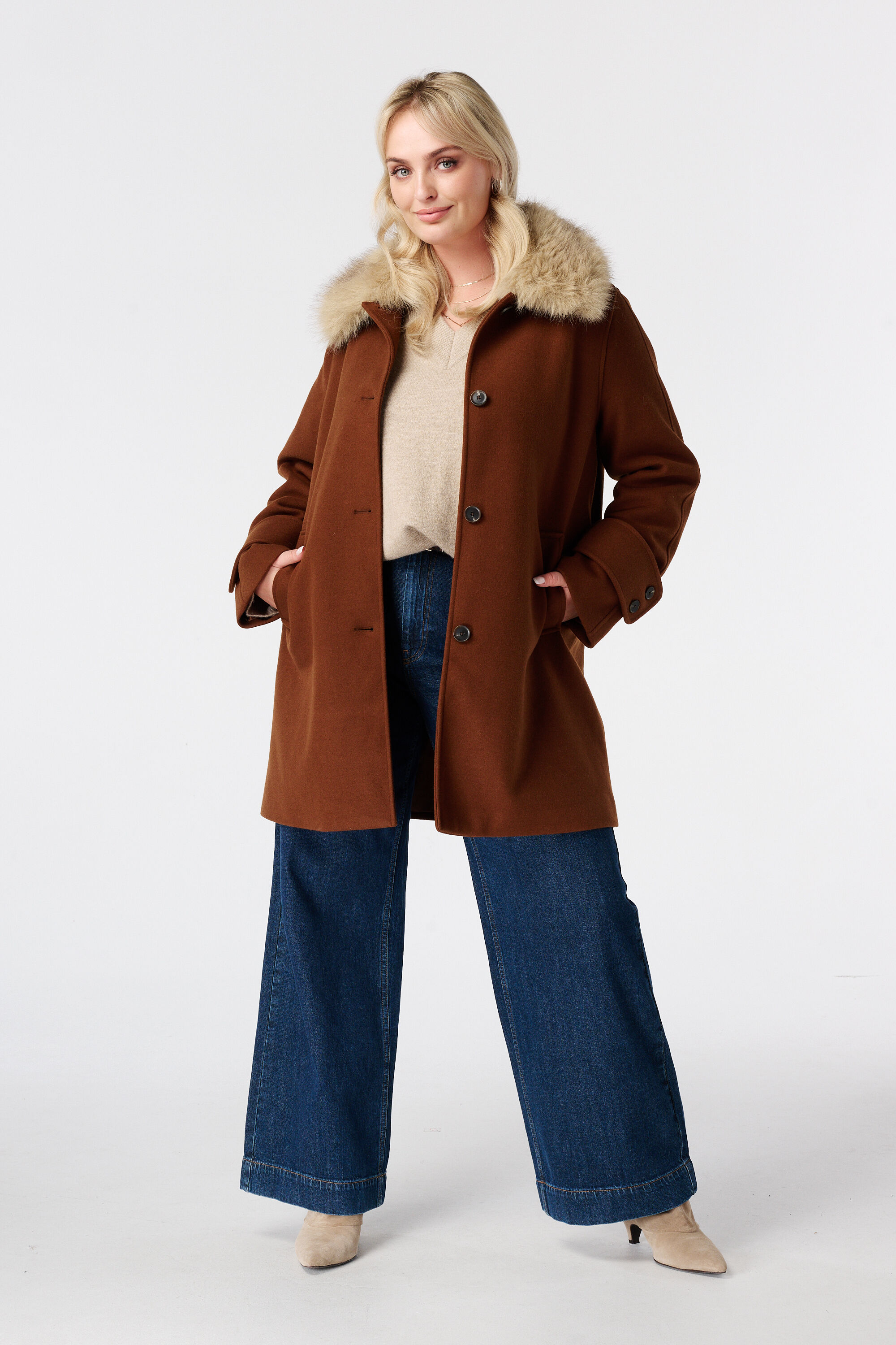 Manteljas met faux fur kraag image number 5