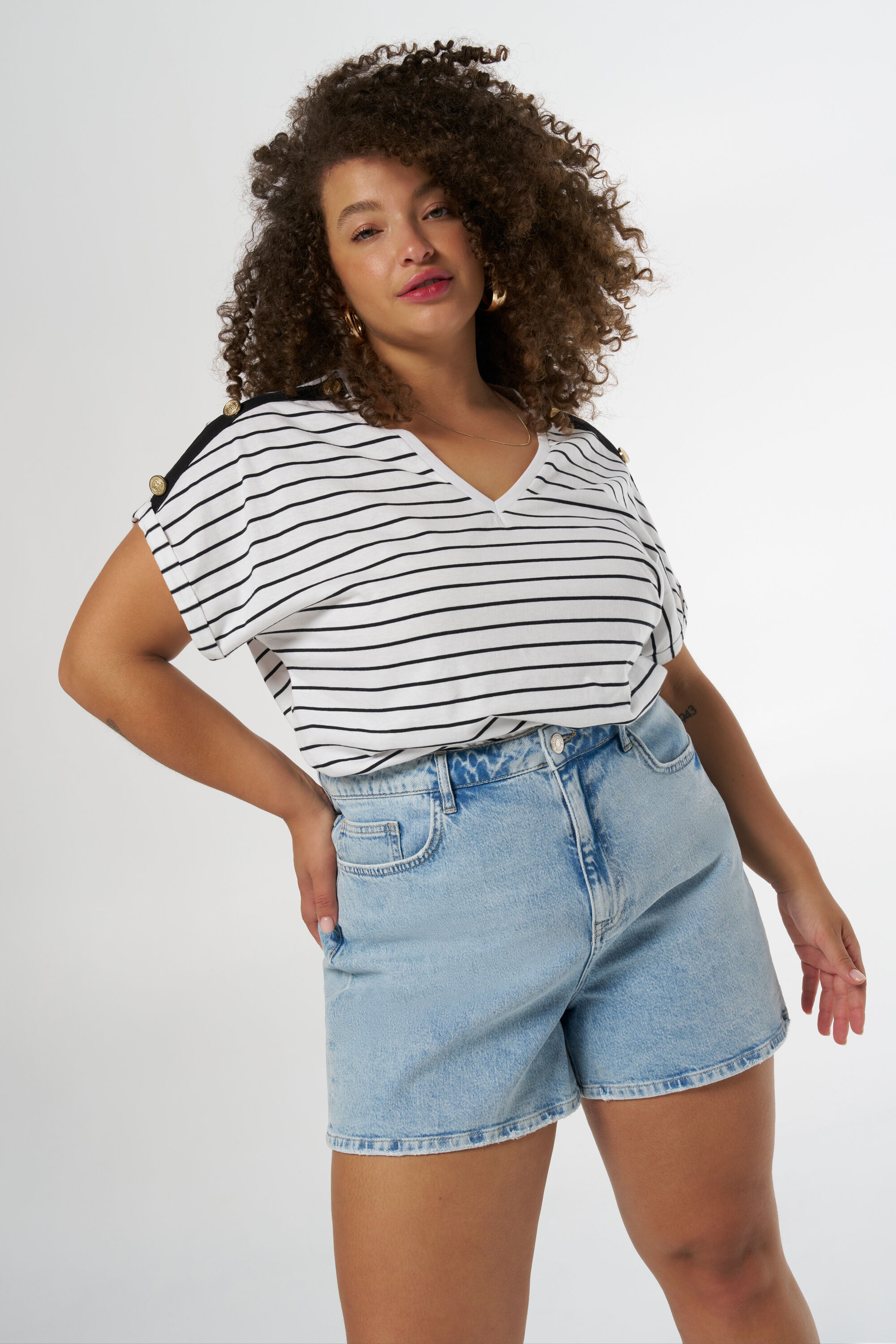 Dames T shirt met knopen Multi zwart wit MS Mode