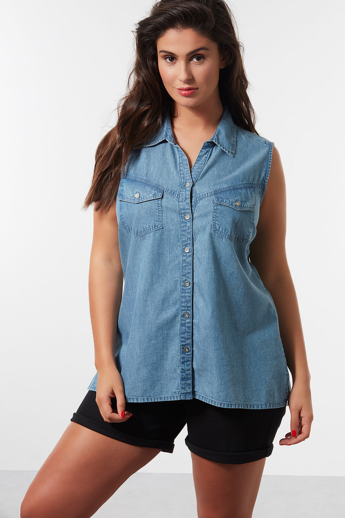 Mouwloze denim blouse met embroidery image number 3