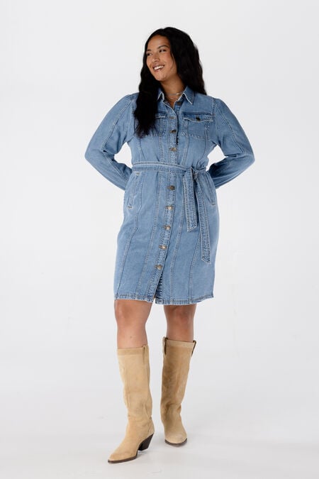 Denim jurk met strikceintuur Denim jurk met strikceintuur