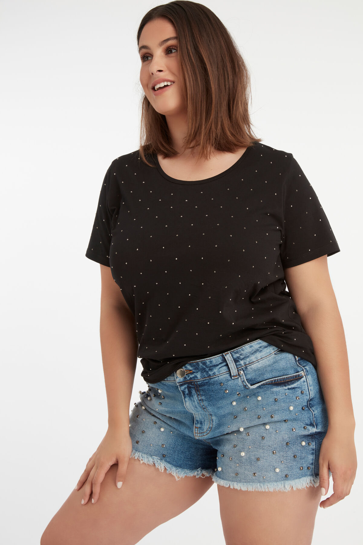 Denim short met parels en studs image number 6