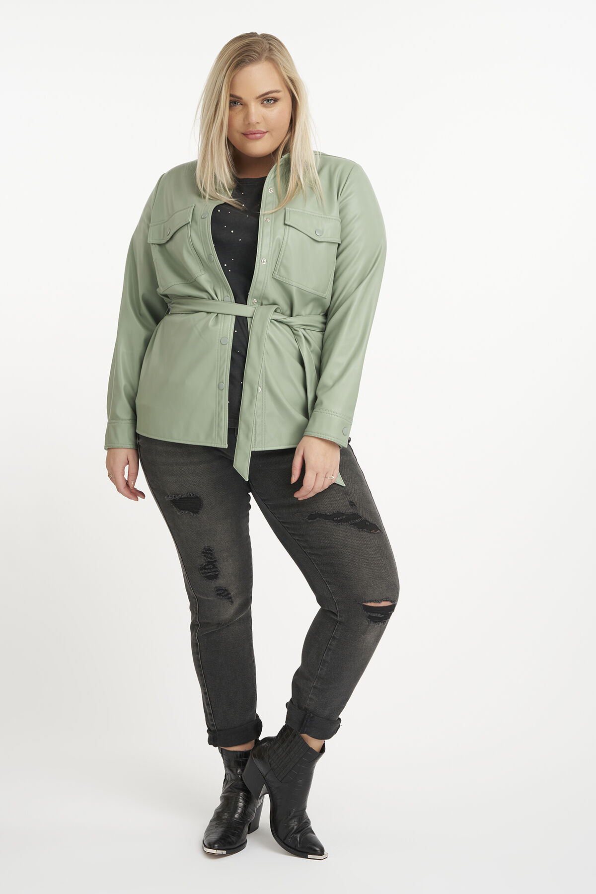 Pu leren jack met strikceintuur image number 4