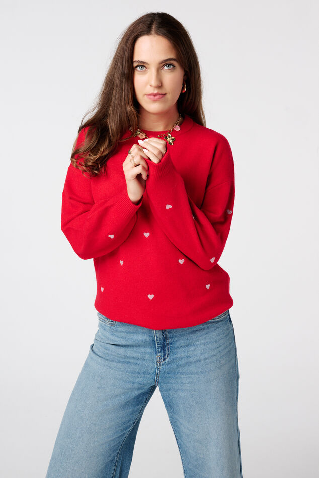 Fijn gebreide trui met geborduurde hartjes image number 0