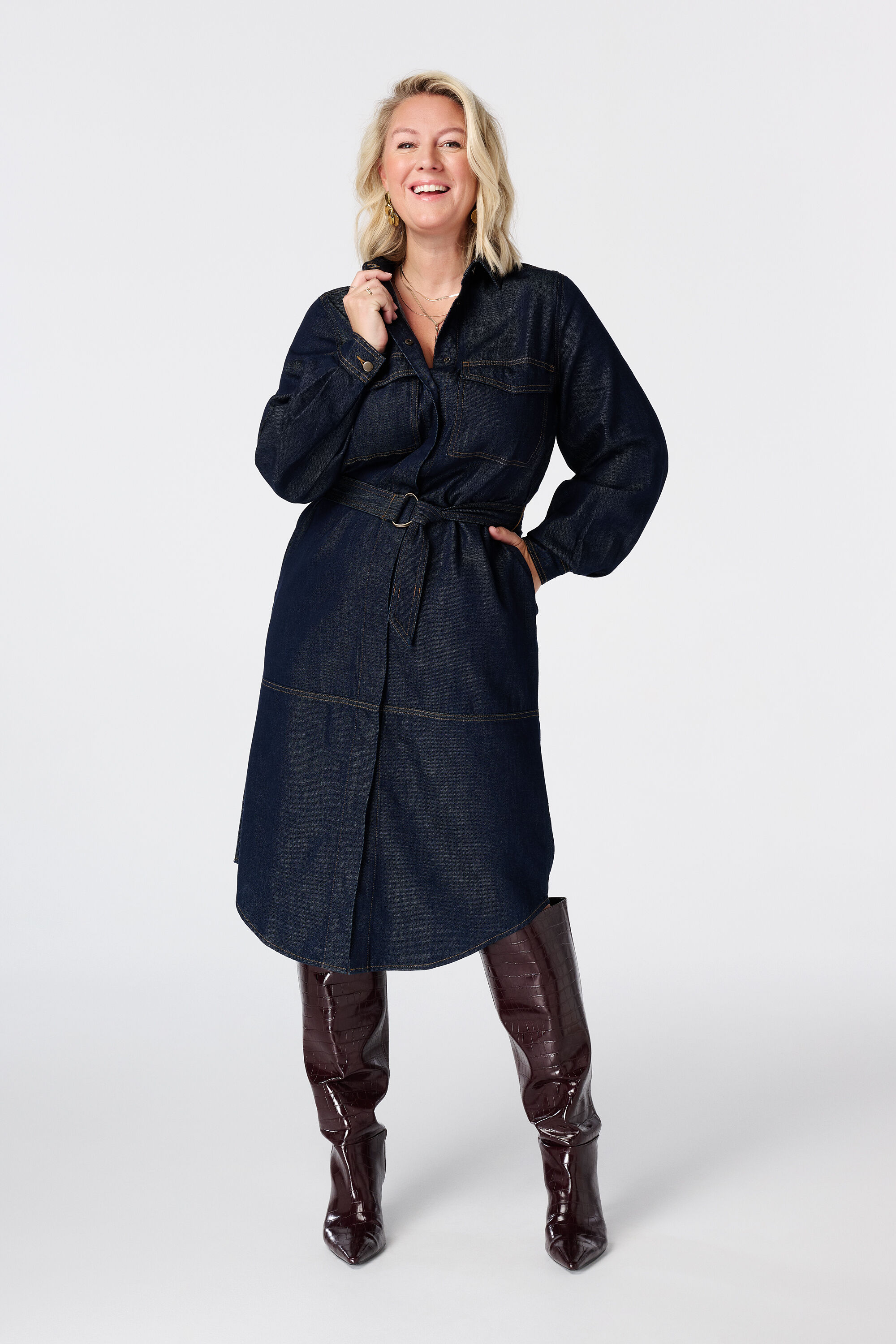 Maxi denim jurk met ceintuur