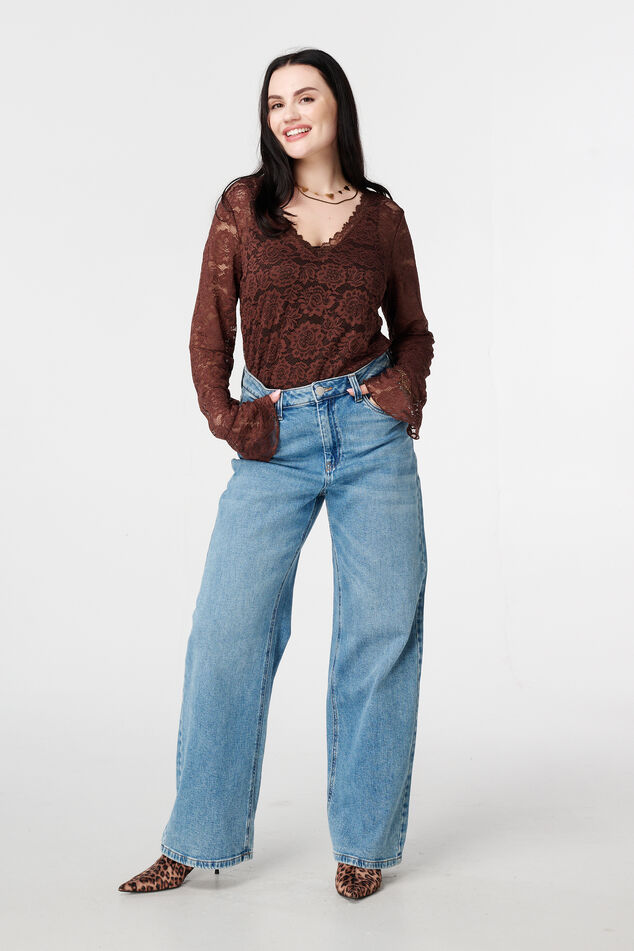 EGI Shirt met lange mouwen voor dames van microwol, geribbeld, met kraag en manchetten van kant EGI Shirt met lange mouwen voor dames van microwol, geribbeld, met kraag en manchetten van kant